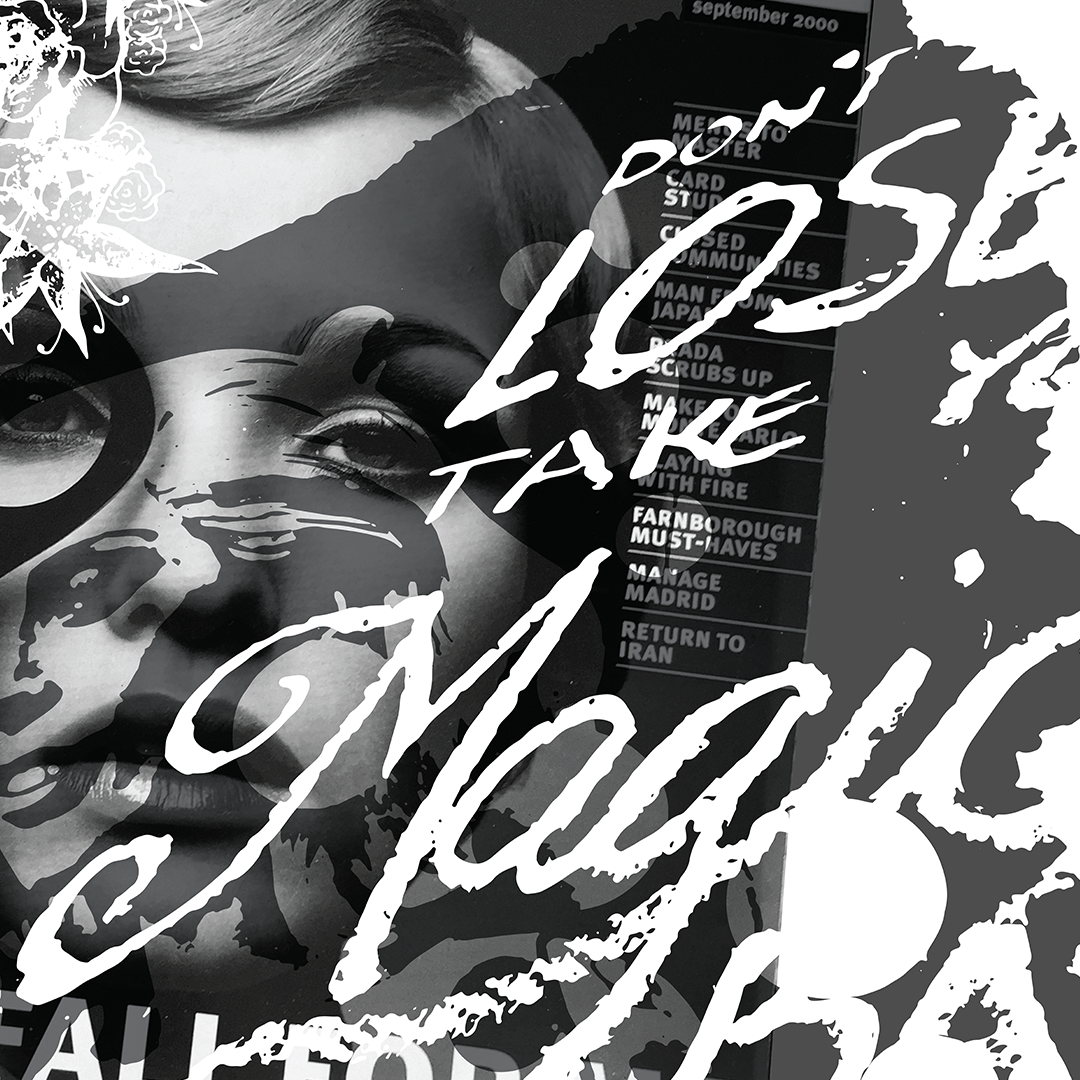 An abstract collage of letter forms cut out from magazines and handwriting.