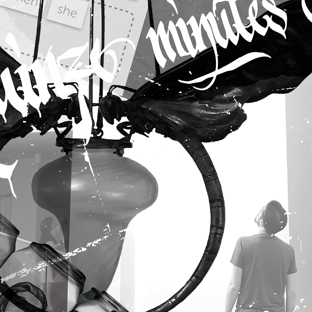 A collage featuring a vintage light fixture, a photo of a man, and graffiti.