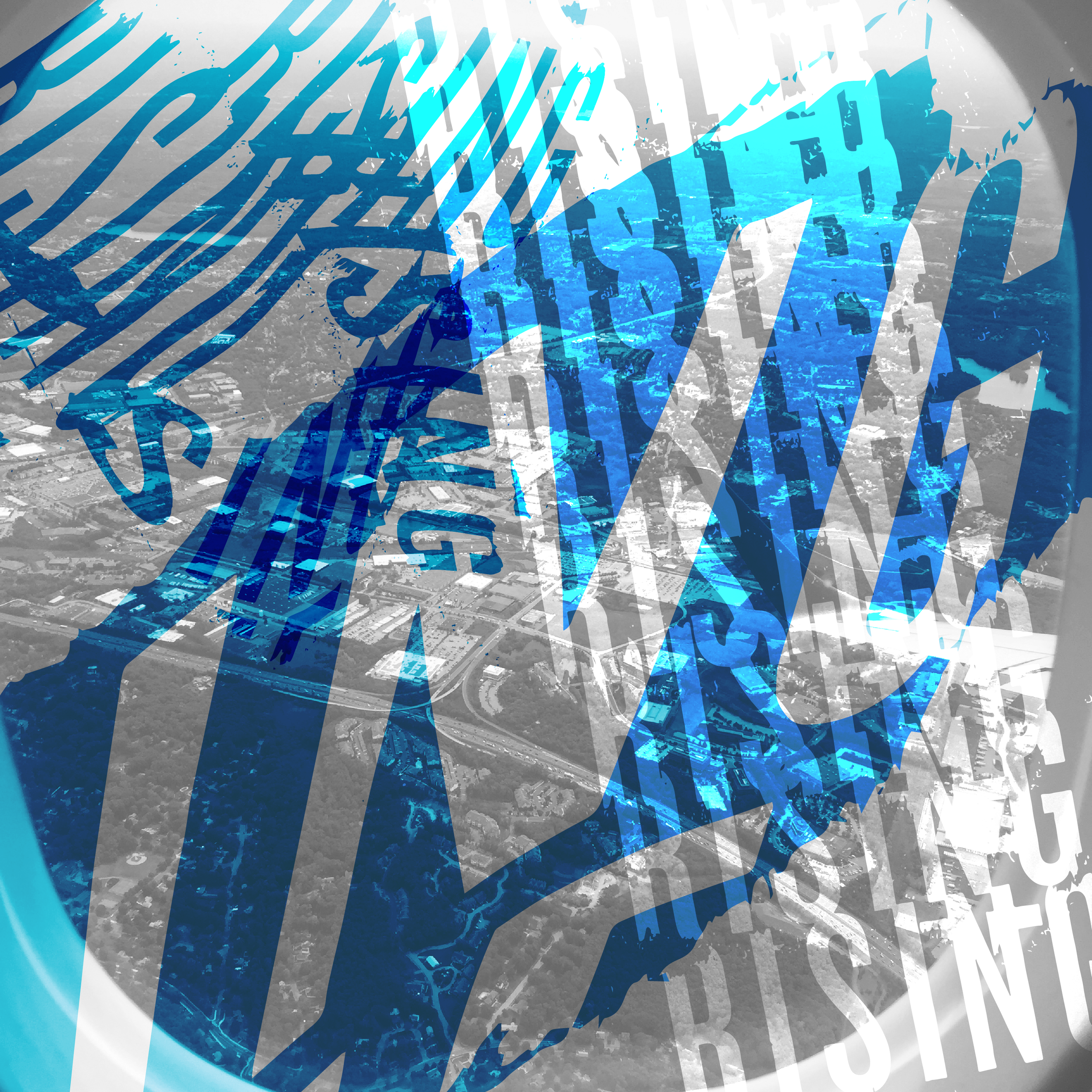 A collage of the word "Rising" overlaid on top of a photo of an airplane window.