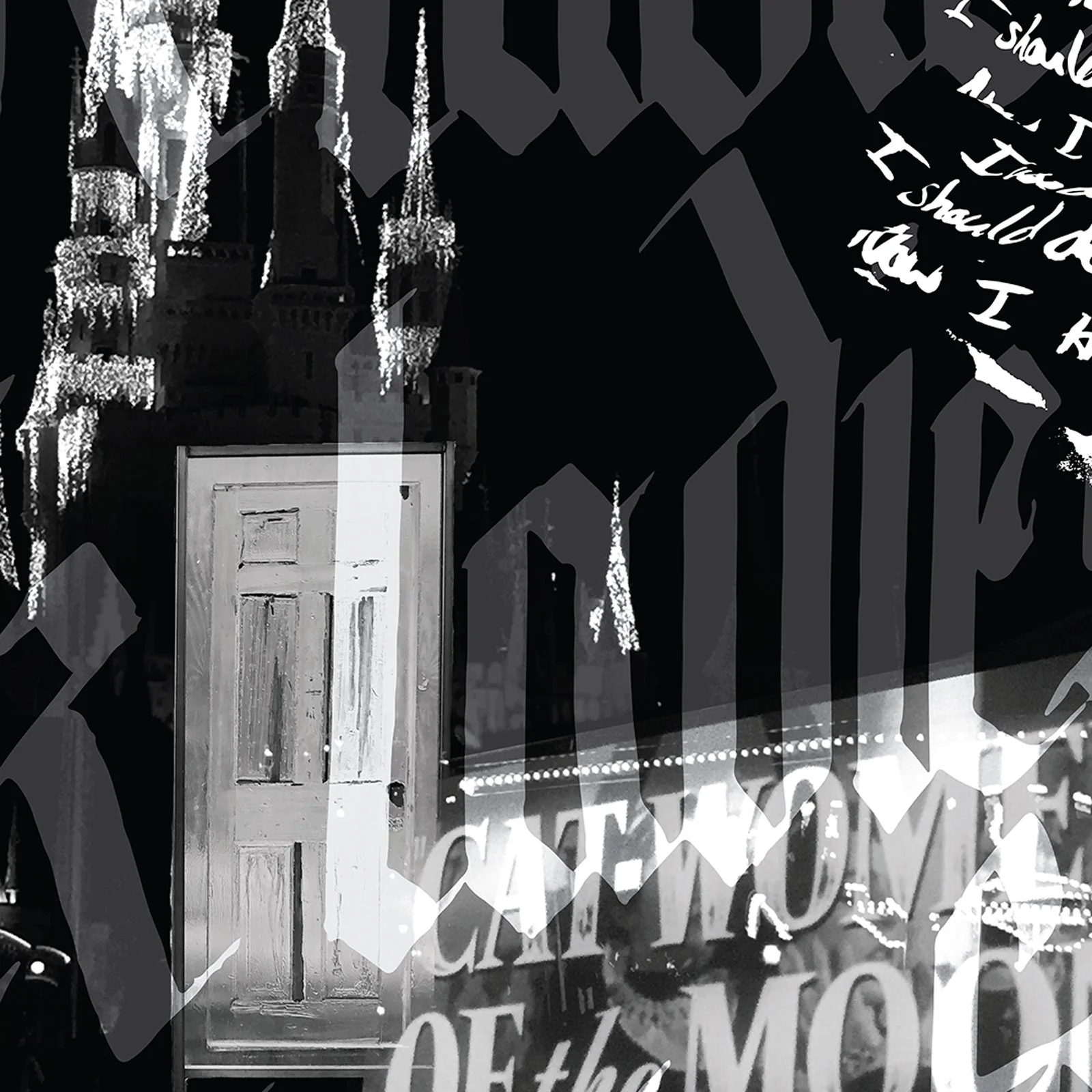 A collage featuring a ghostly door and an outline of a castle.