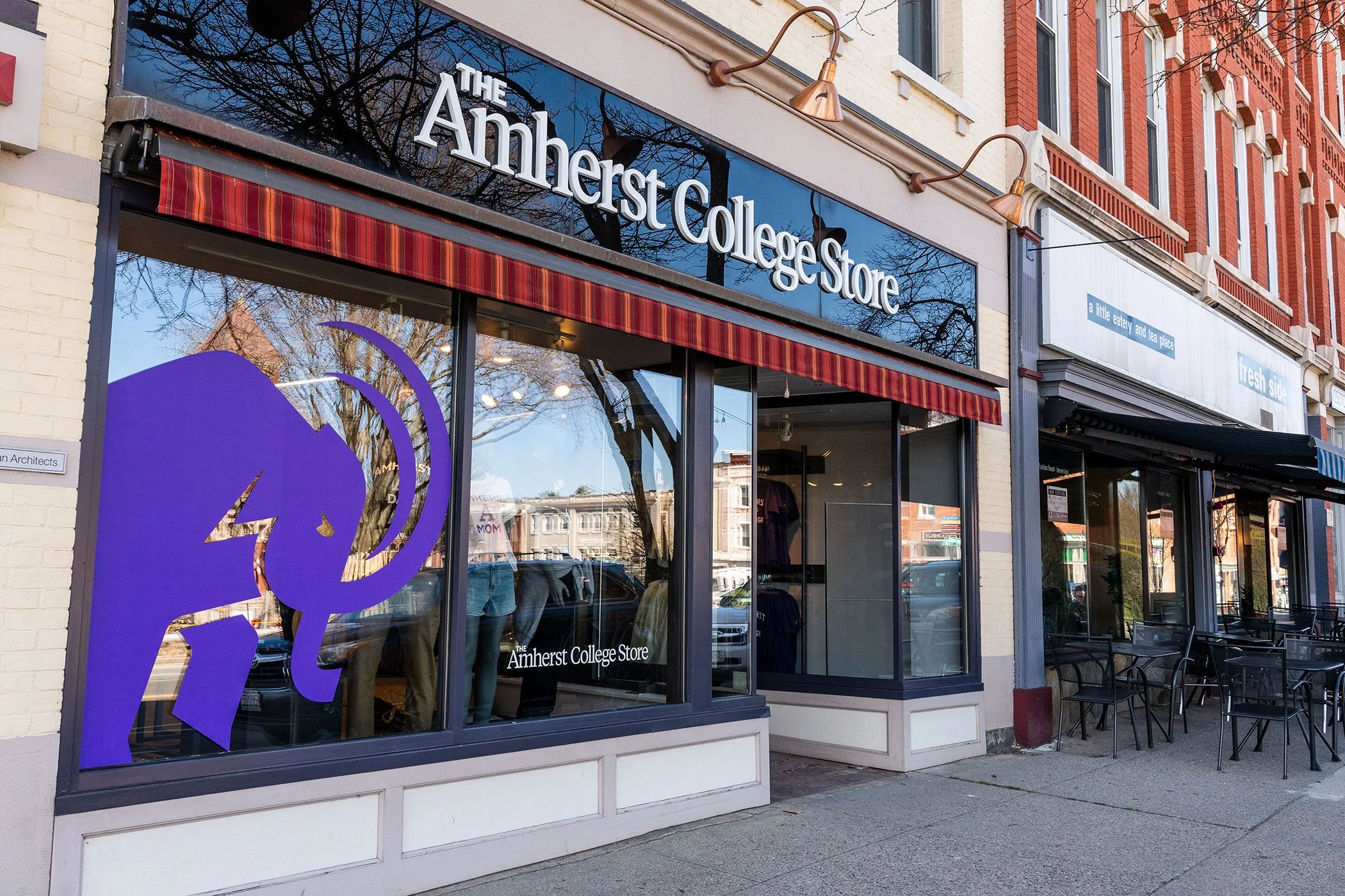 A photo of the Amherst College Store storefront. The College's mammoth mascot is shown in purple vinyl on the store windows.