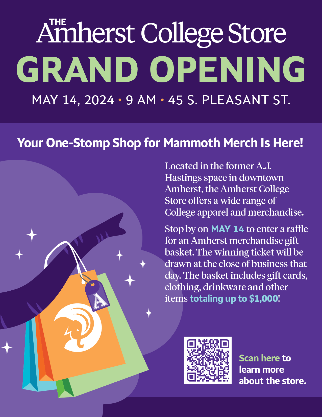 A poster to promote the Amherst College Store grand opening on May 14, 2024. The featured illustration shows a mammoth trunk holding shopping bags.