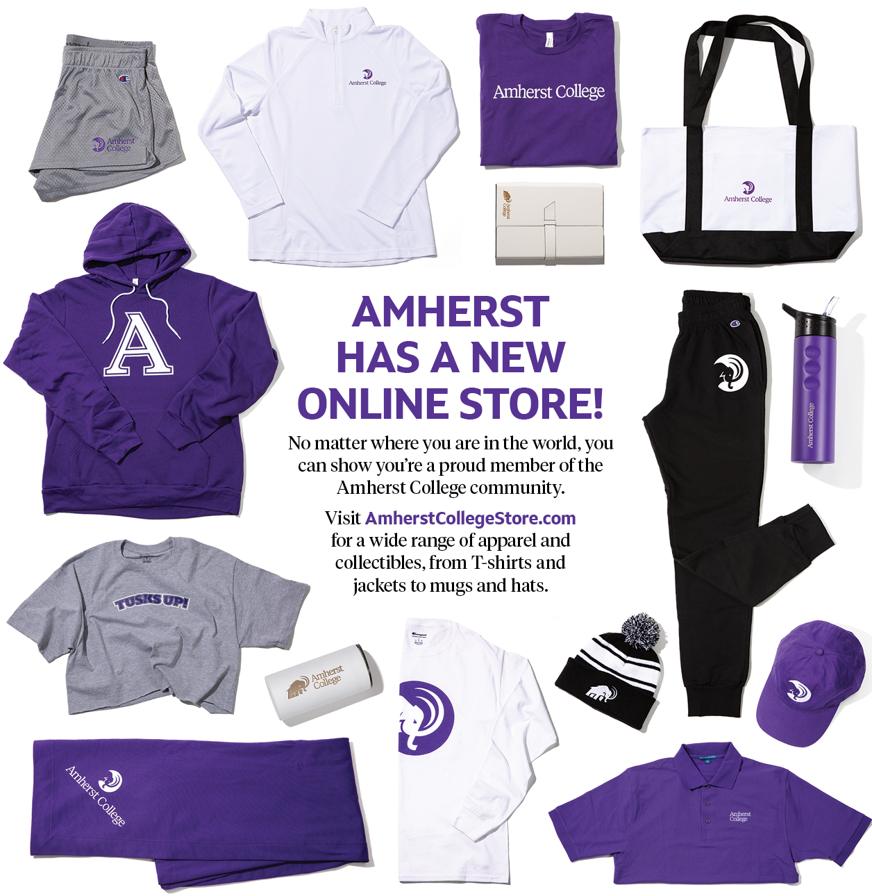 A print advertisement to promote the Amherst College Store, featuring a flat-lay-style photo of various types of merchandise.