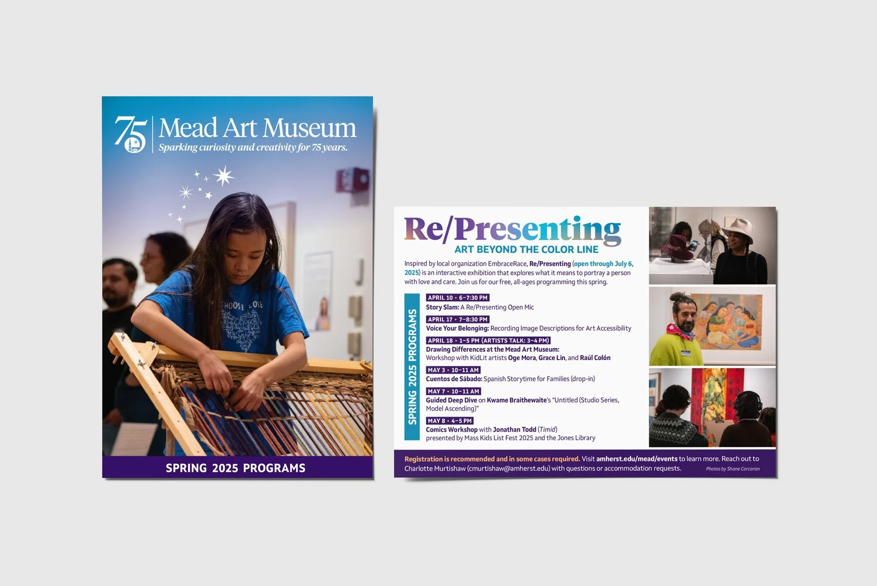 A mockup of the front and back of a postcard promoting the Mead Art Museum's 75th anniversary season events.