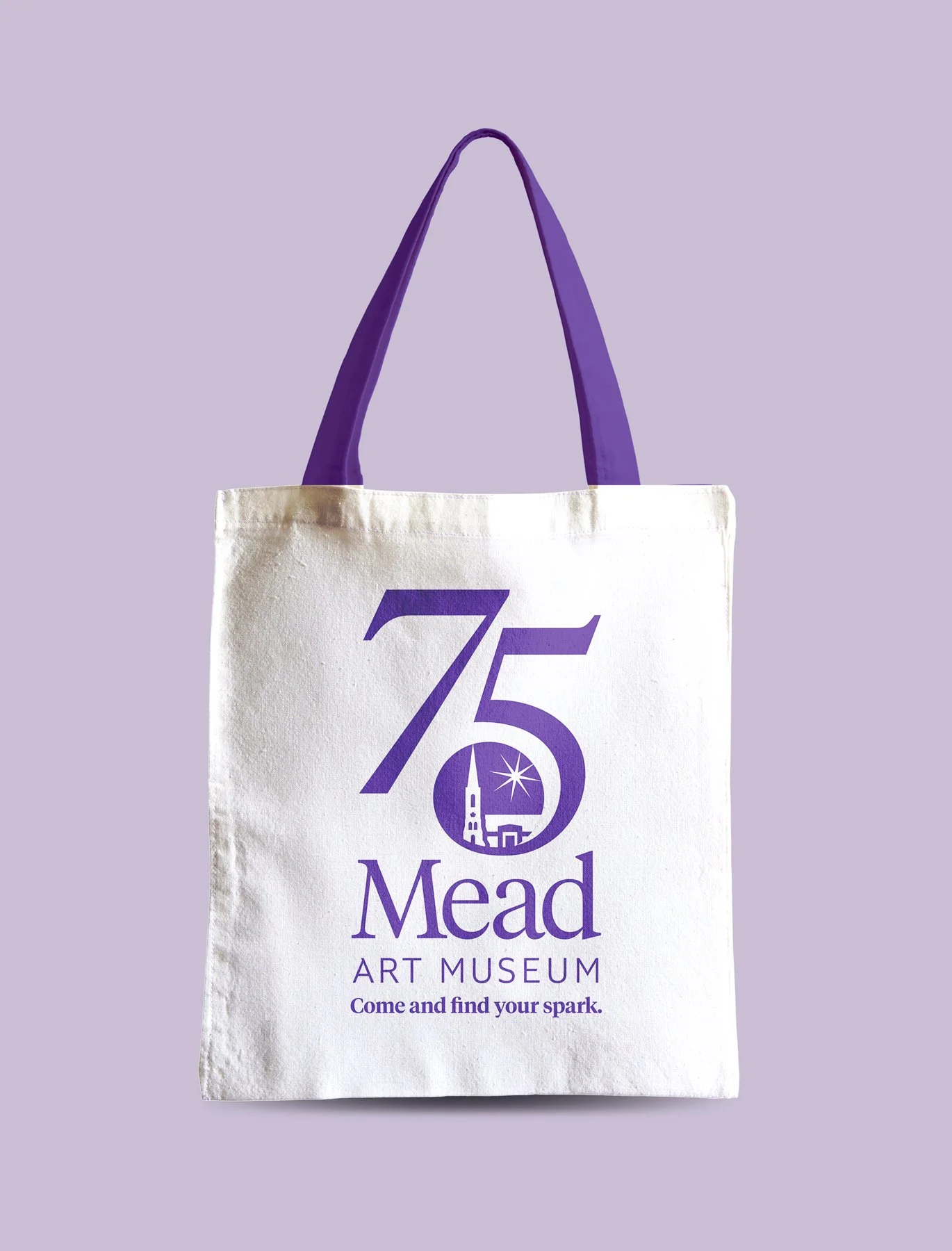 A mockup of a Mead Art Museum 75th anniversary tote bag.
