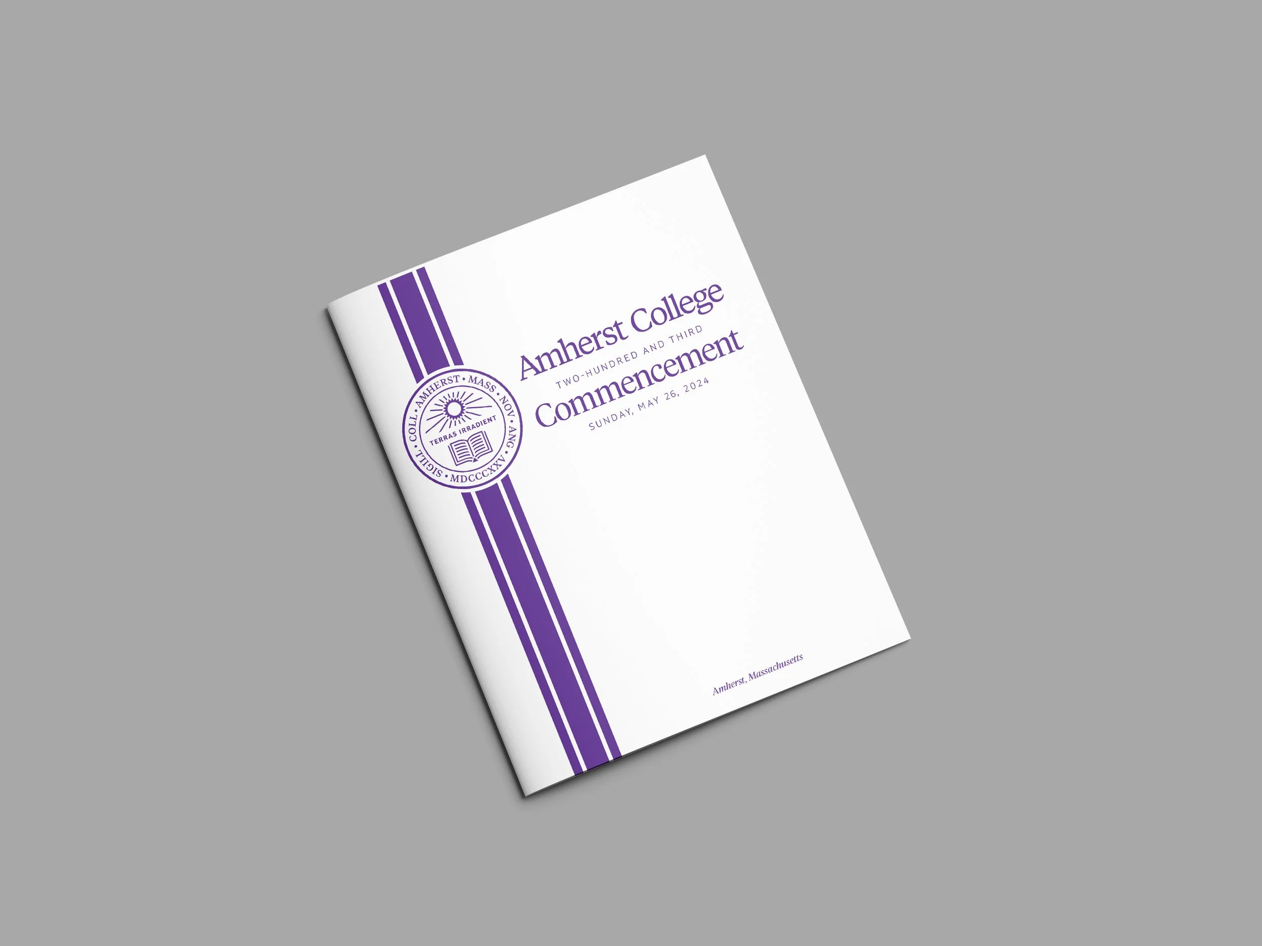 A mockup of a printed program booklet for Amherst College's 202rd Commencement event.