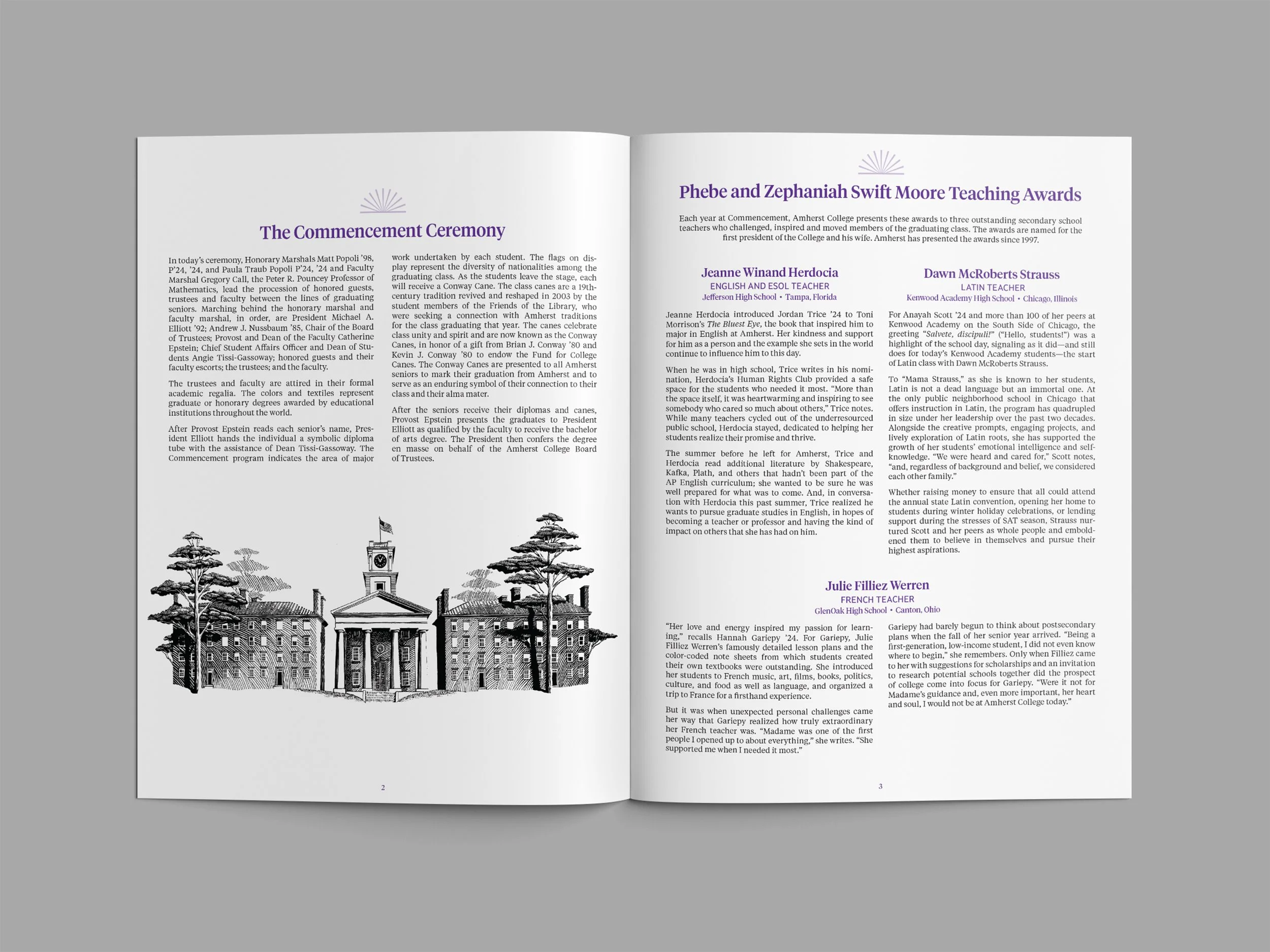 A photo mockup of the Amherst College Commencement program laying open to an interior spread. The illustration on the left page is an etching of the Johnson Chapel building.
