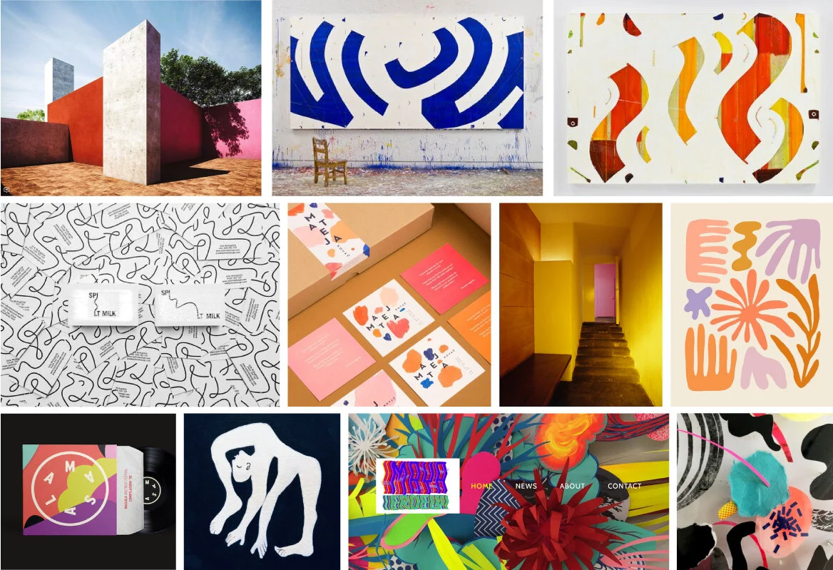Mood board featuring the work of various artists, architects, and interior designers with bold colors and abstract Matisse-like shapes.