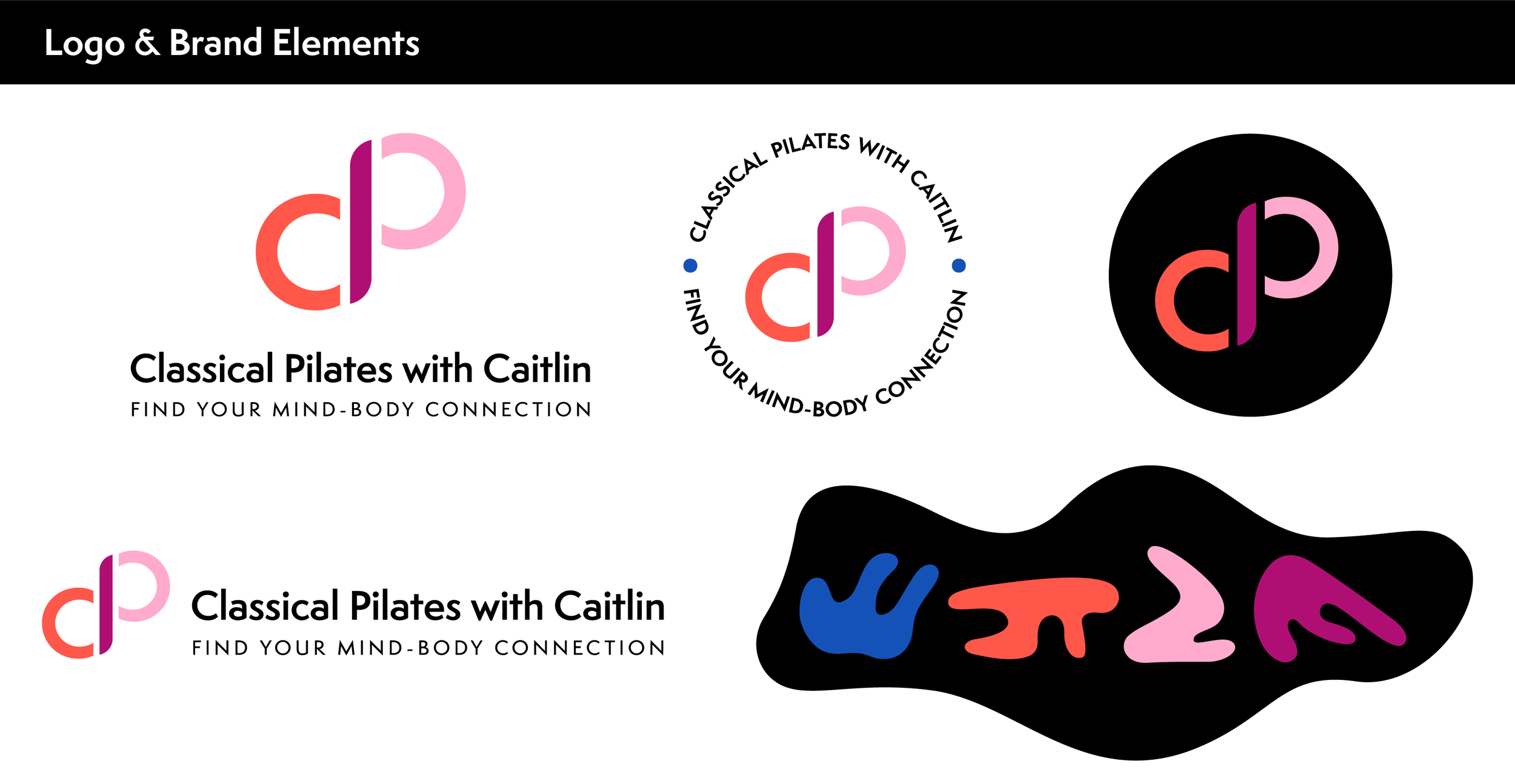 The first page of brand identity guidelines for "Classical Pilates with Caitlin," featuring several logo iterations.