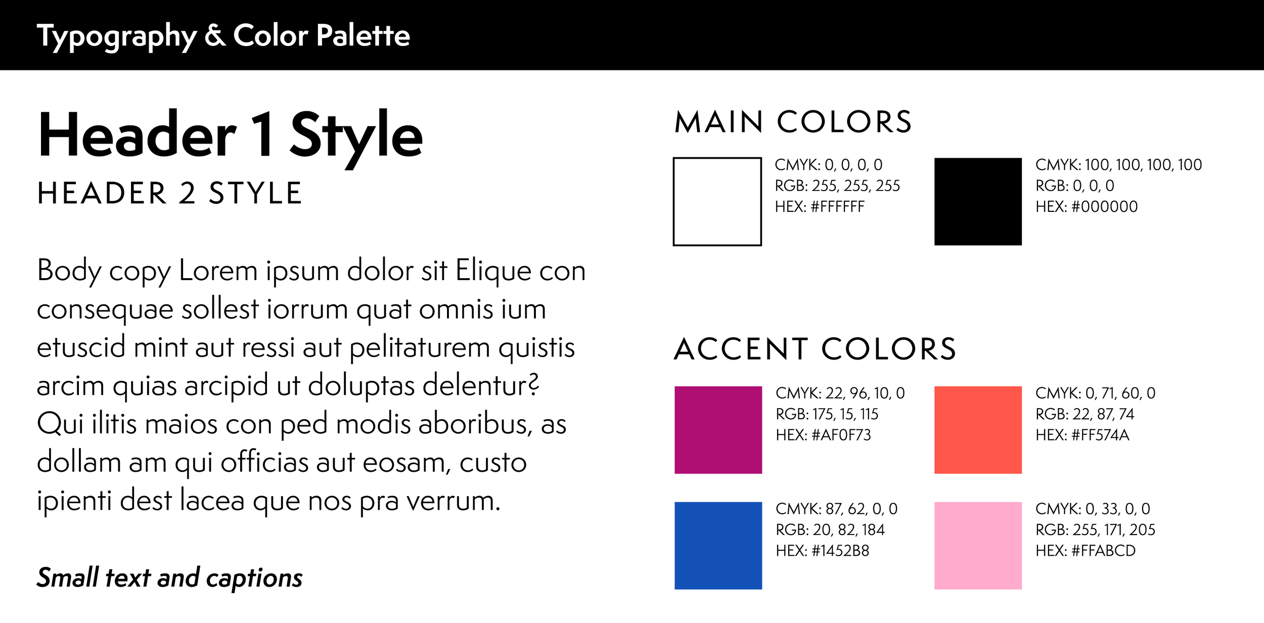 The second page of brand identity guidelines for "Classical Pilates with Caitlin," featuring typographic styles and color palette details.