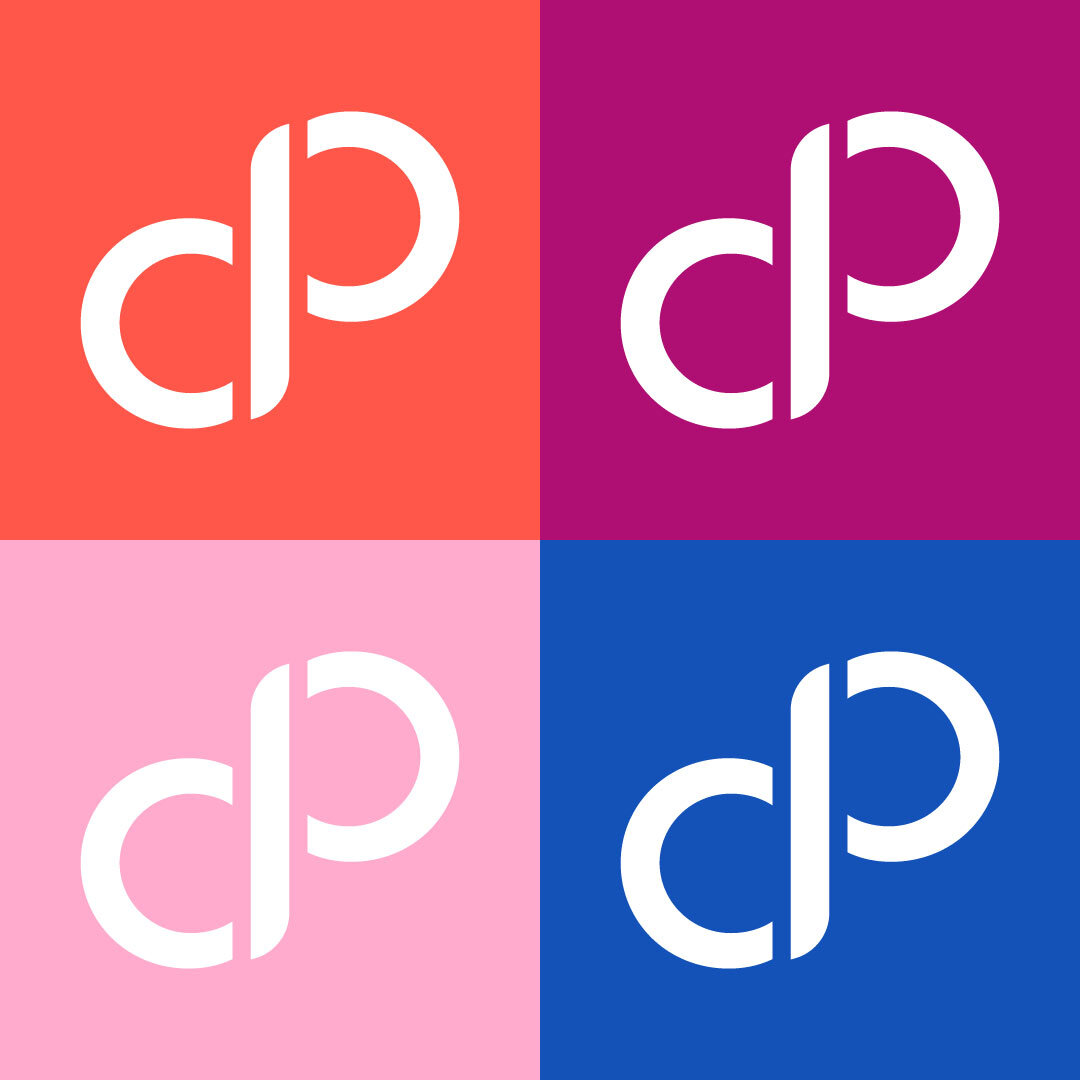 A pattern of "Classical Pilates with Caitlin" logos on top of colorful blocks.