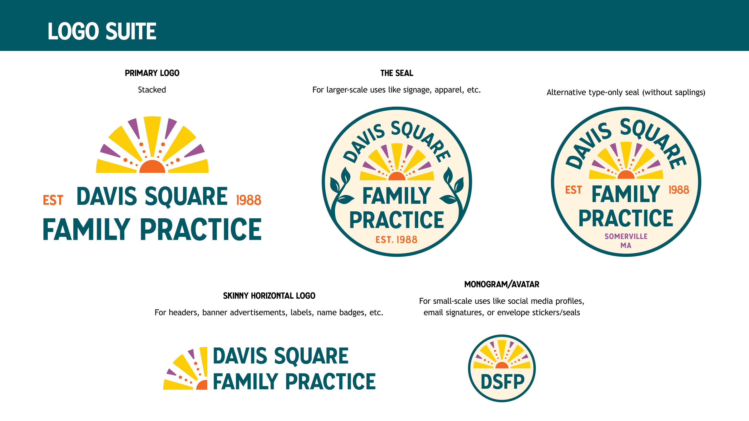 The first page of brand guidelines for Davis Square Family Practice, featuring a set of logos in varying sizes and formats.