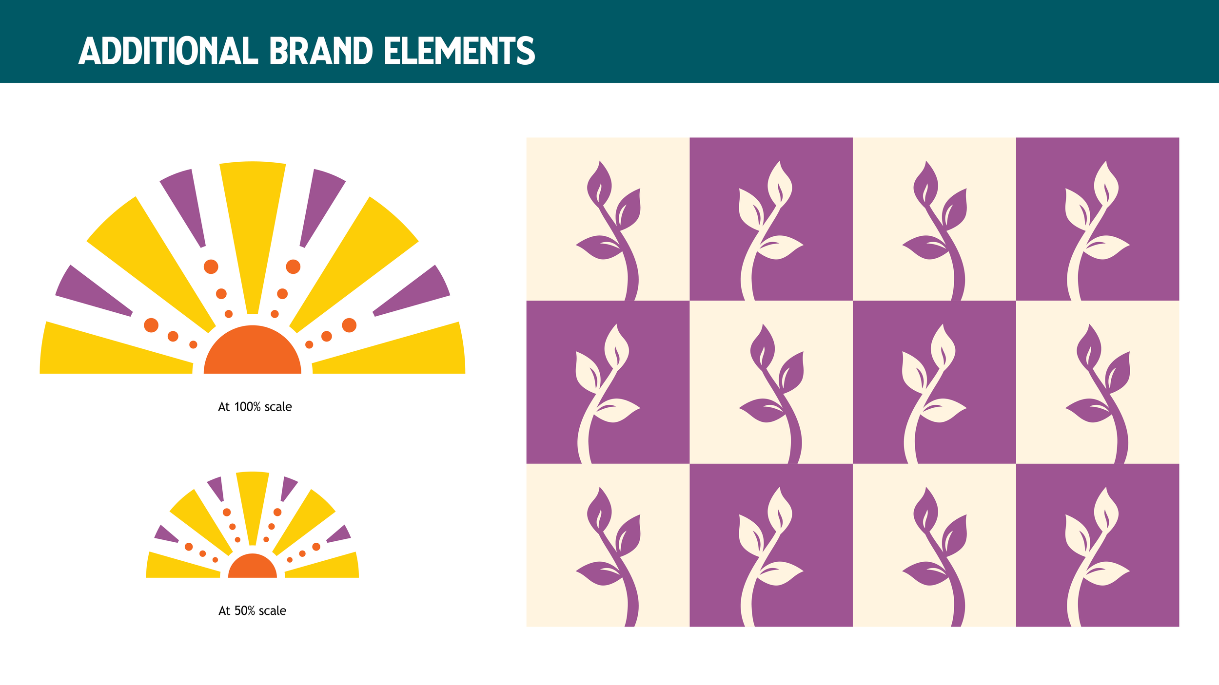 The third page of brand guidelines for Davis Square Family Practice, featuring illustrative brand assets like an abstract sun or floral shape and a checkerboard pattern of growing vines.
