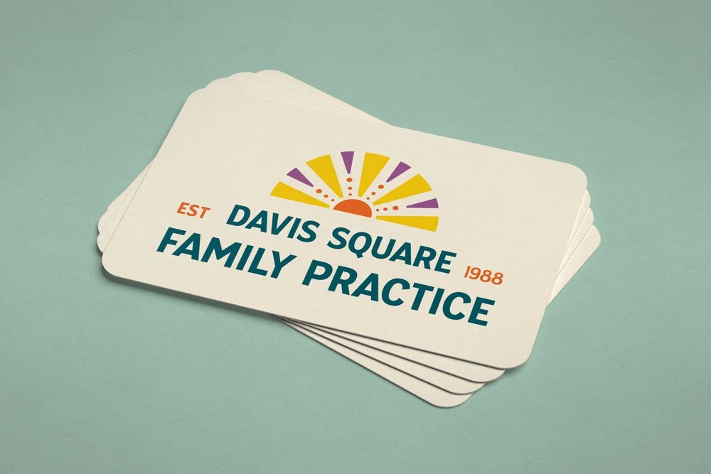 A mockup of the front of a business card that reads "Davis Square Family Practice, Est. 1988."