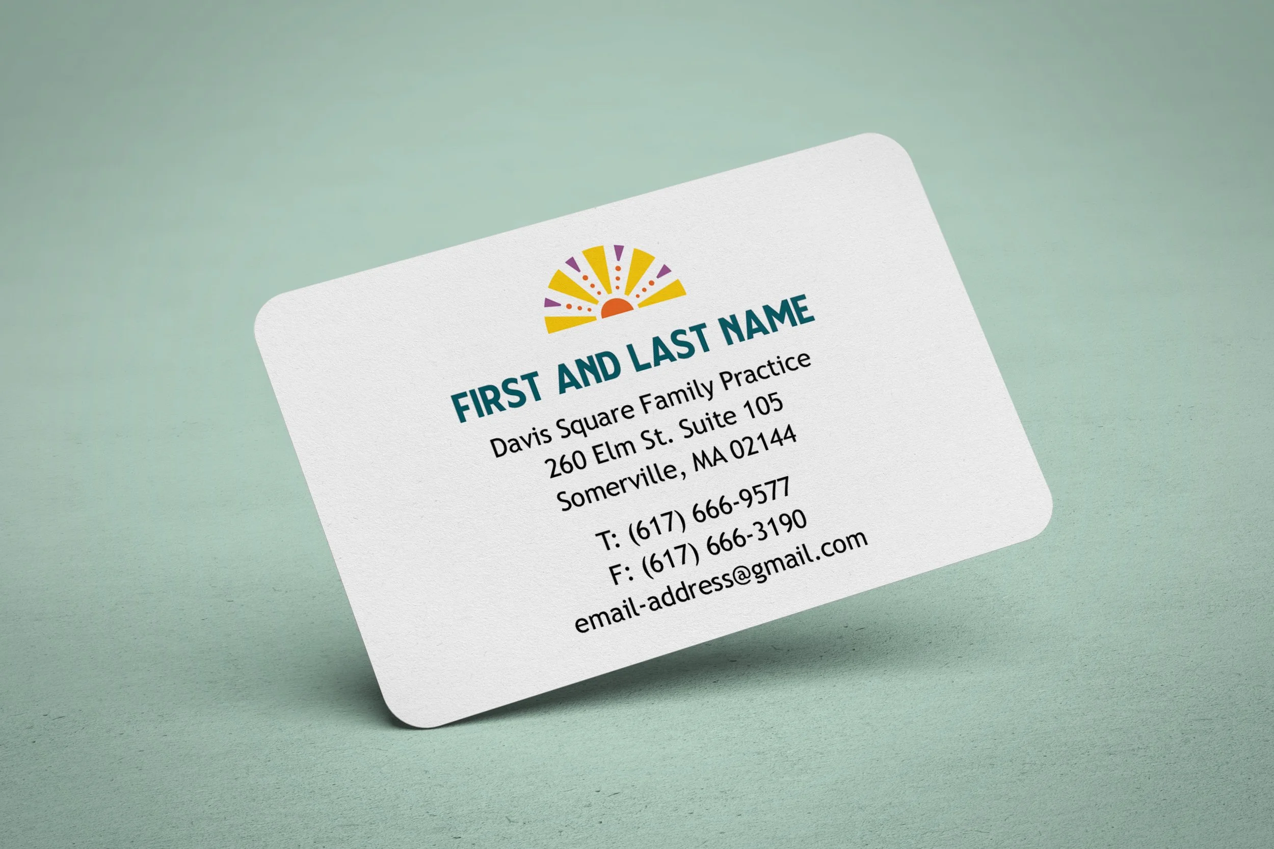A mockup of the back side of a Davis Square Family Practice business card.