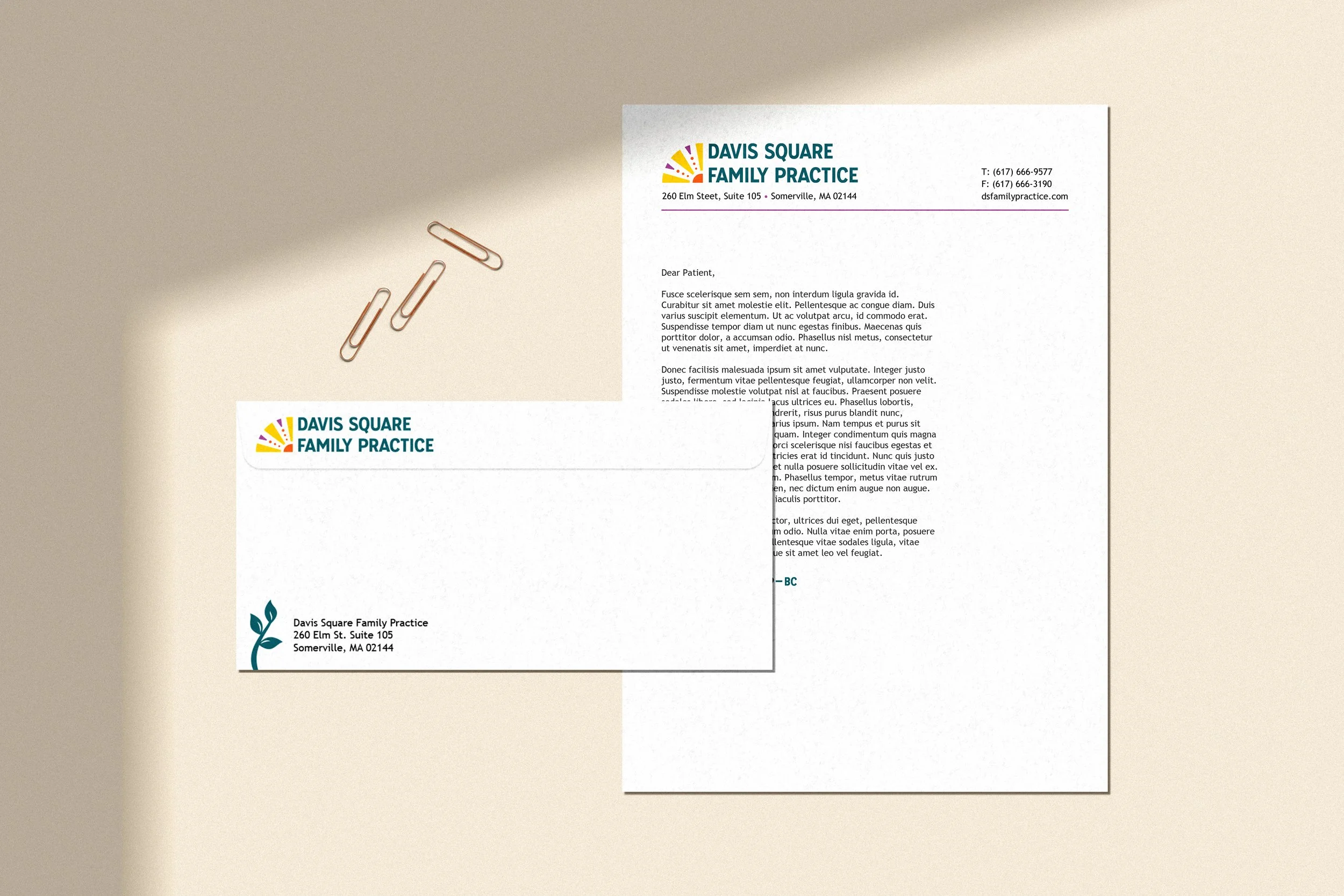 A mockup of stationery for Davis Square Family Practice.