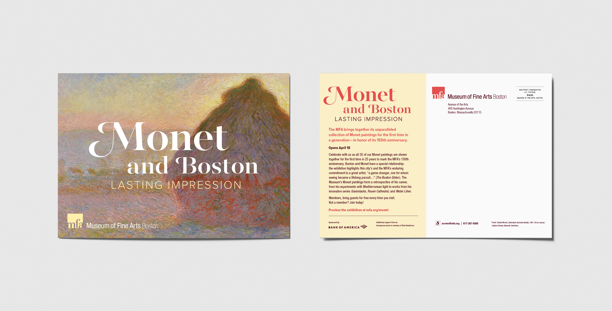 A mockup of a postcard promoting the "Monet and Boston: Lasting Impression" exhibition at the Museum of Fine Arts, Boston.