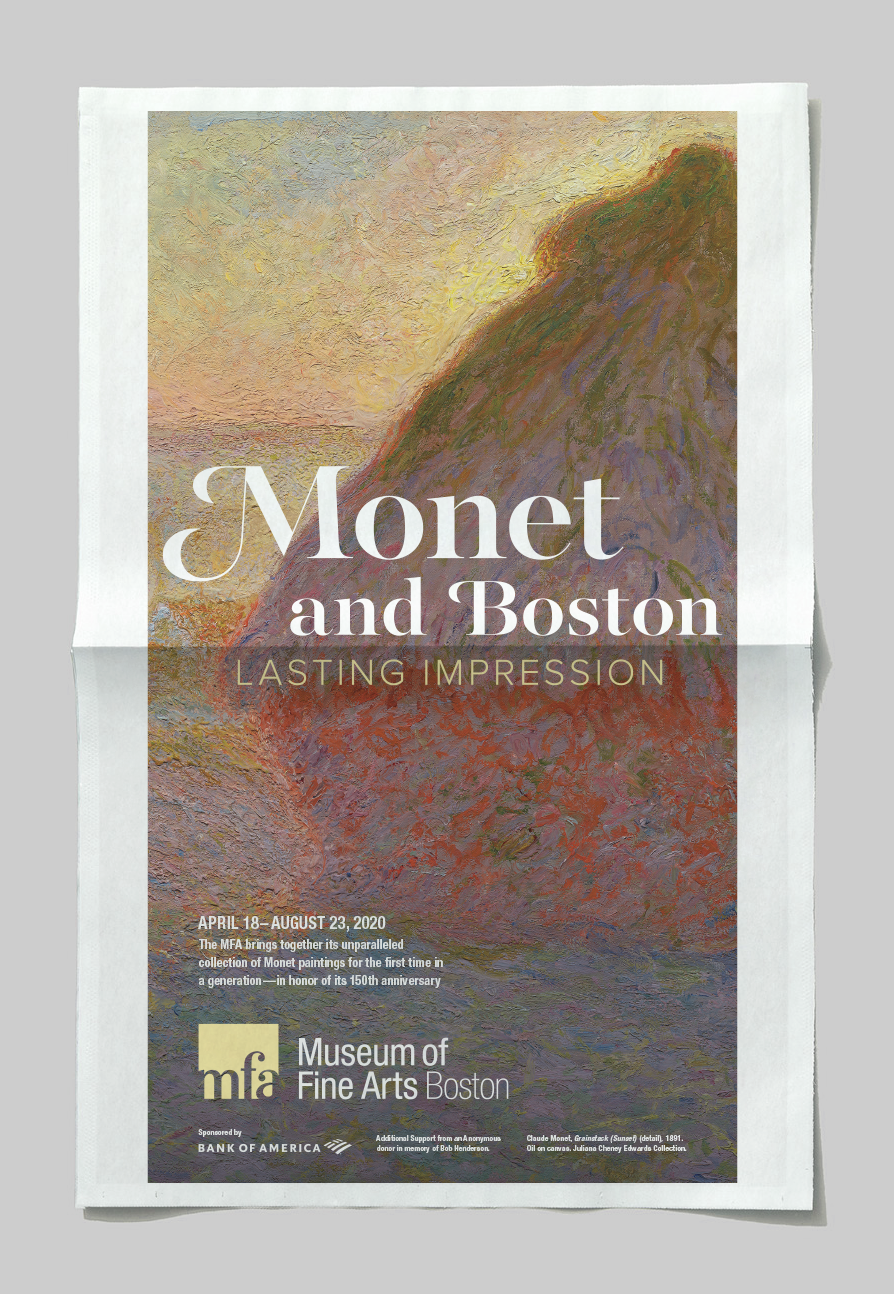 A mockup of a New York Times ad promoting the "Monet and Boston: Lasting Impression" exhibition at the Museum of Fine Arts, Boston.