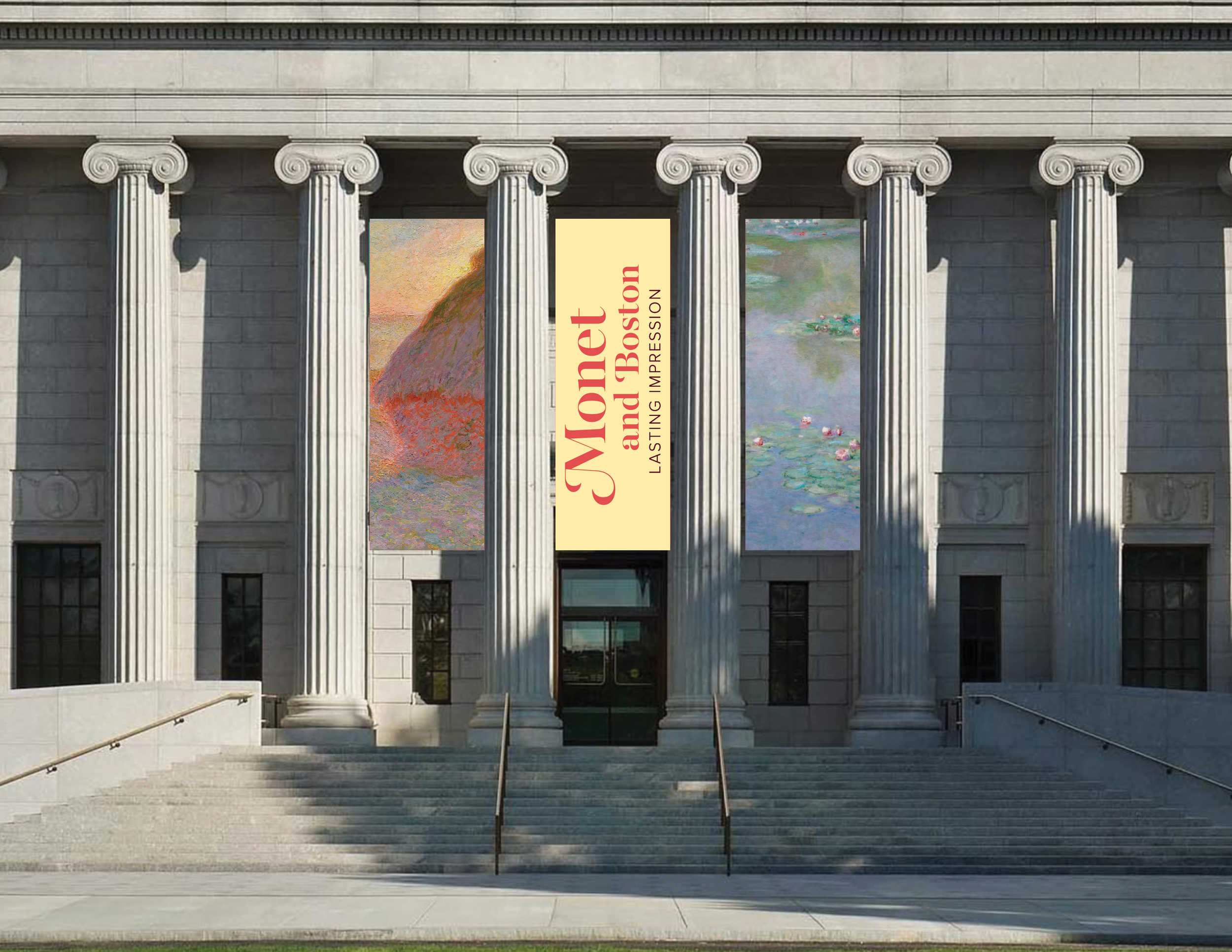 A mockup of three banners at the Fenway entrance of the Museum of Fine Arts, Boston, promoting the "Monet and Boston" exhibition.