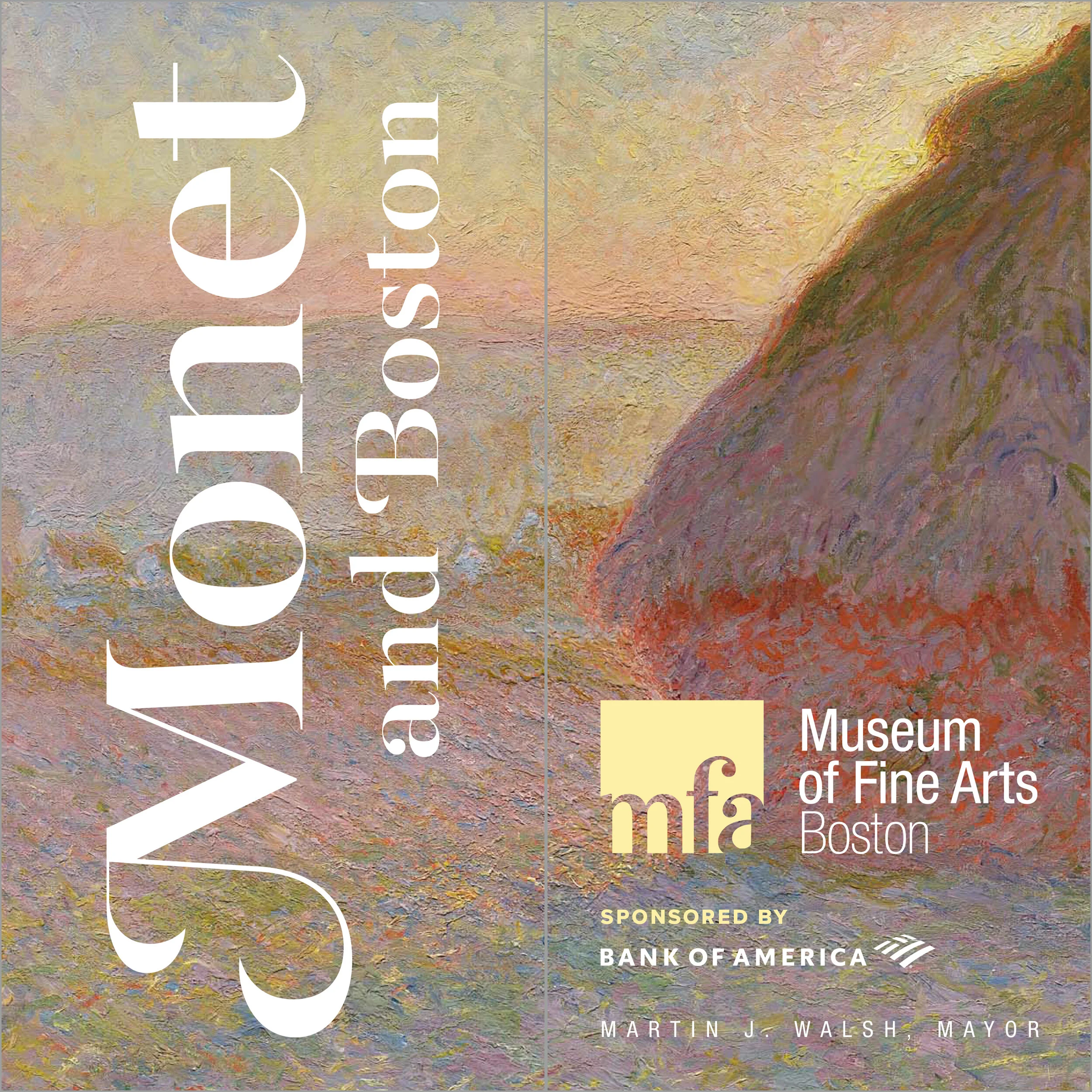 A mockup of a street lamp post banner promoting the "Monet and Boston: Lasting Impression" exhibition at the Museum of Fine Arts, Boston.