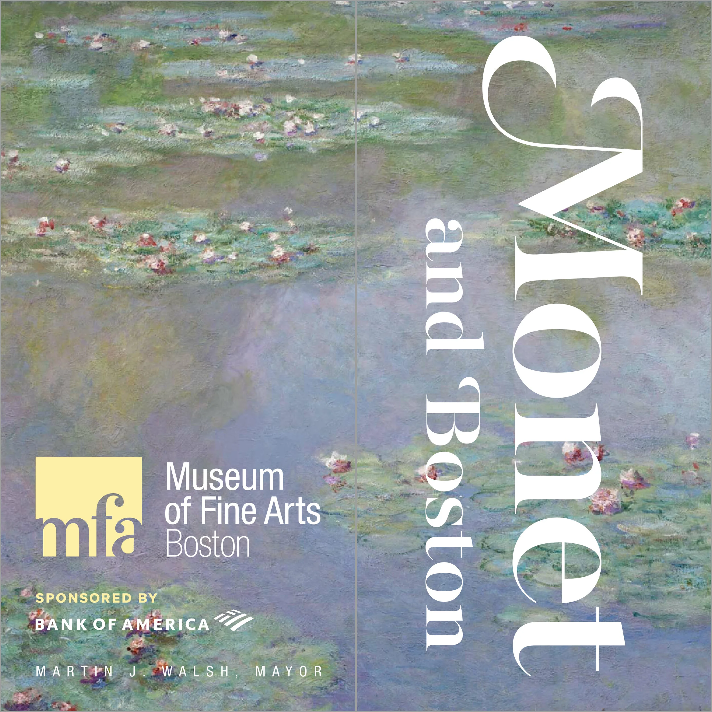 A mockup of a street lamp post banner promoting the "Monet and Boston: Lasting Impression" exhibition at the Museum of Fine Arts, Boston.