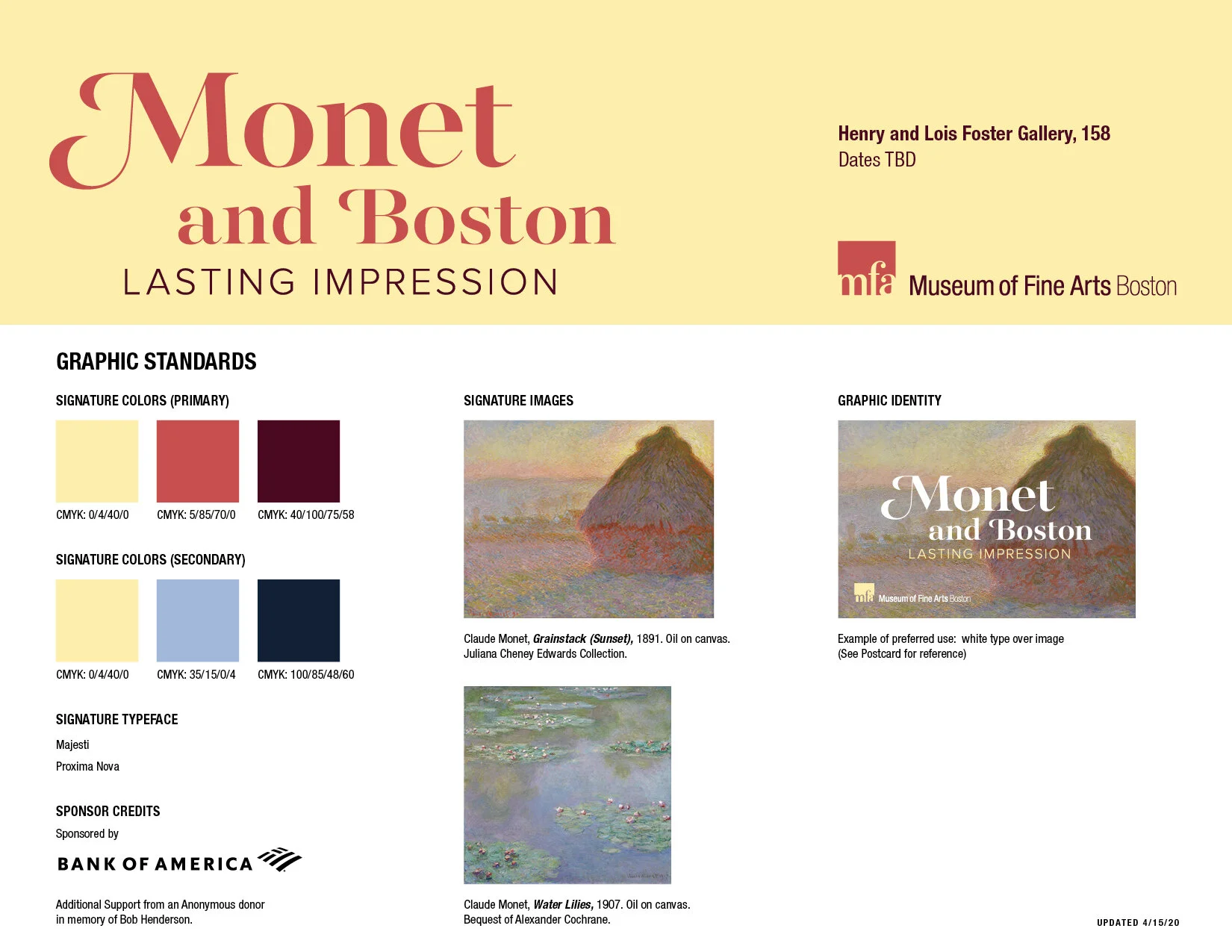 A visual identity style guide for the exhibition "Monet and Boston: Lasting Impression" featuring typefaces, color palette details, and sponsorship credits.