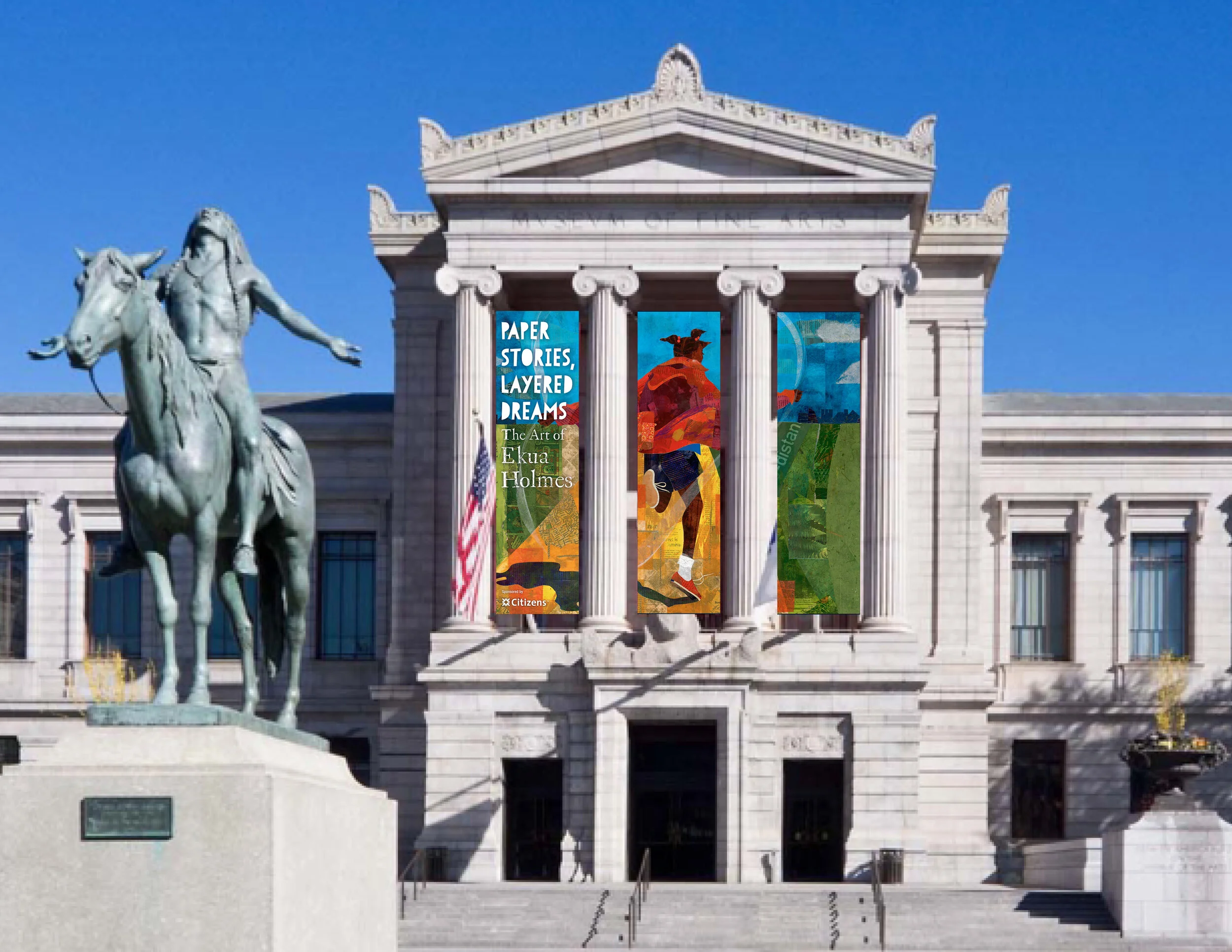 Banner Mockup for the Huntington Entrance of the Museum, promoting the "Paper Stories, Layered Dreams" exhibition at the Museum of Fine Arts, Boston.