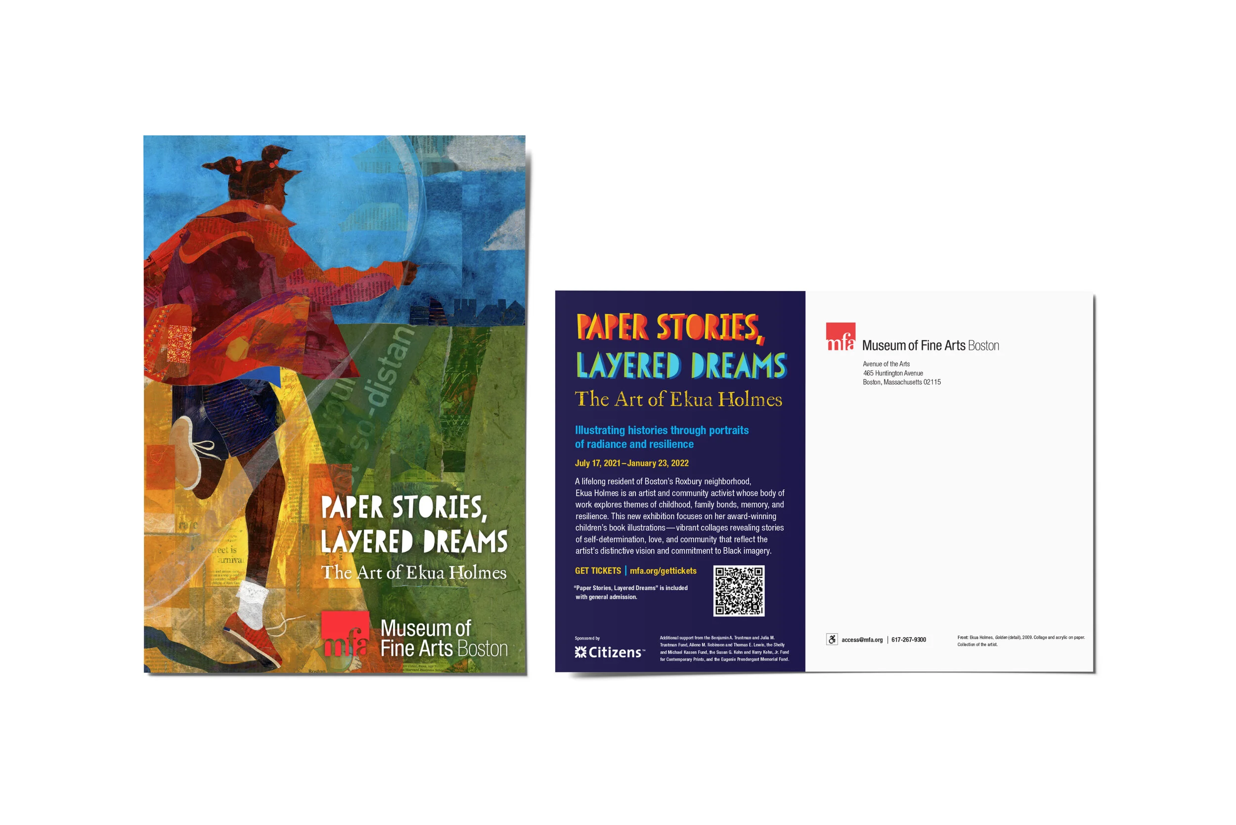 A mockup of the front and back of a postcard promoting the "Paper Stories, Layered Dreams" exhibition at the Museum of Fine Arts, Boston.