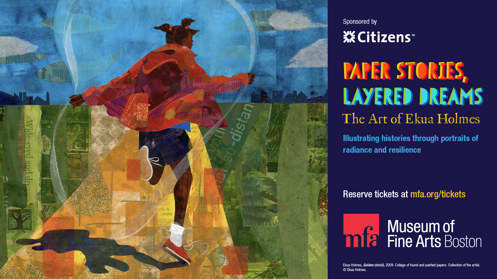 A digital advertisement for the "Paper Stories, Layered Dreams" exhibition at the Museum of Fine Arts, Boston, intended for use on Citizens Bank's ATM promotion.