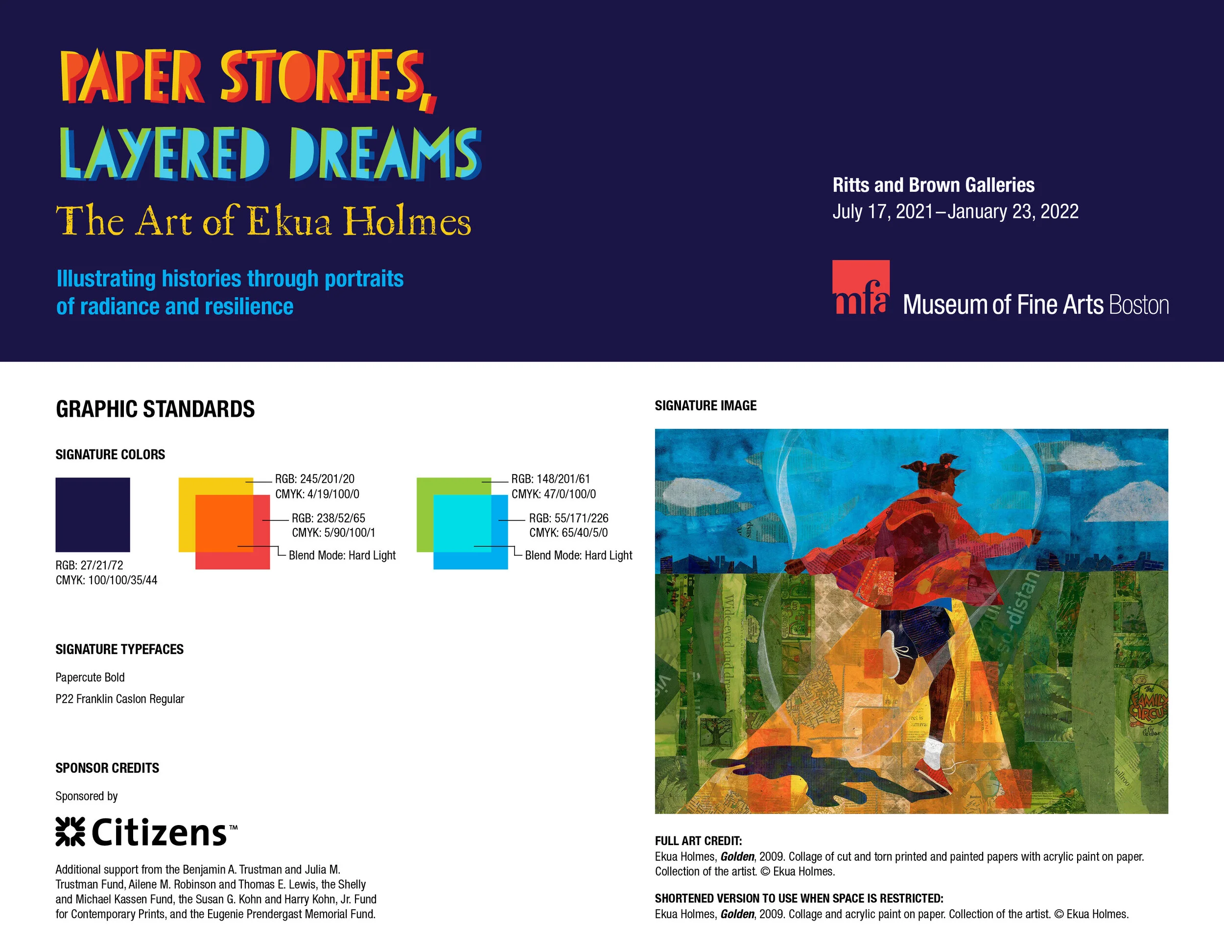 An image of the "Paper Stories, Layered Dreams" exhibition's visual identity standards, including typefaces, color palette details, and sponsorship credits.