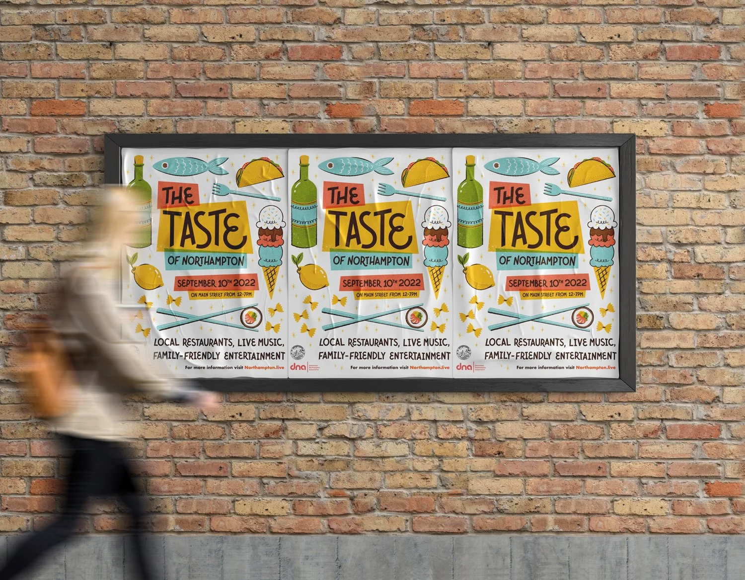 A mockup of a poster promoting the Taste of Northampton event, featuring illustrations of a variety of foods.
