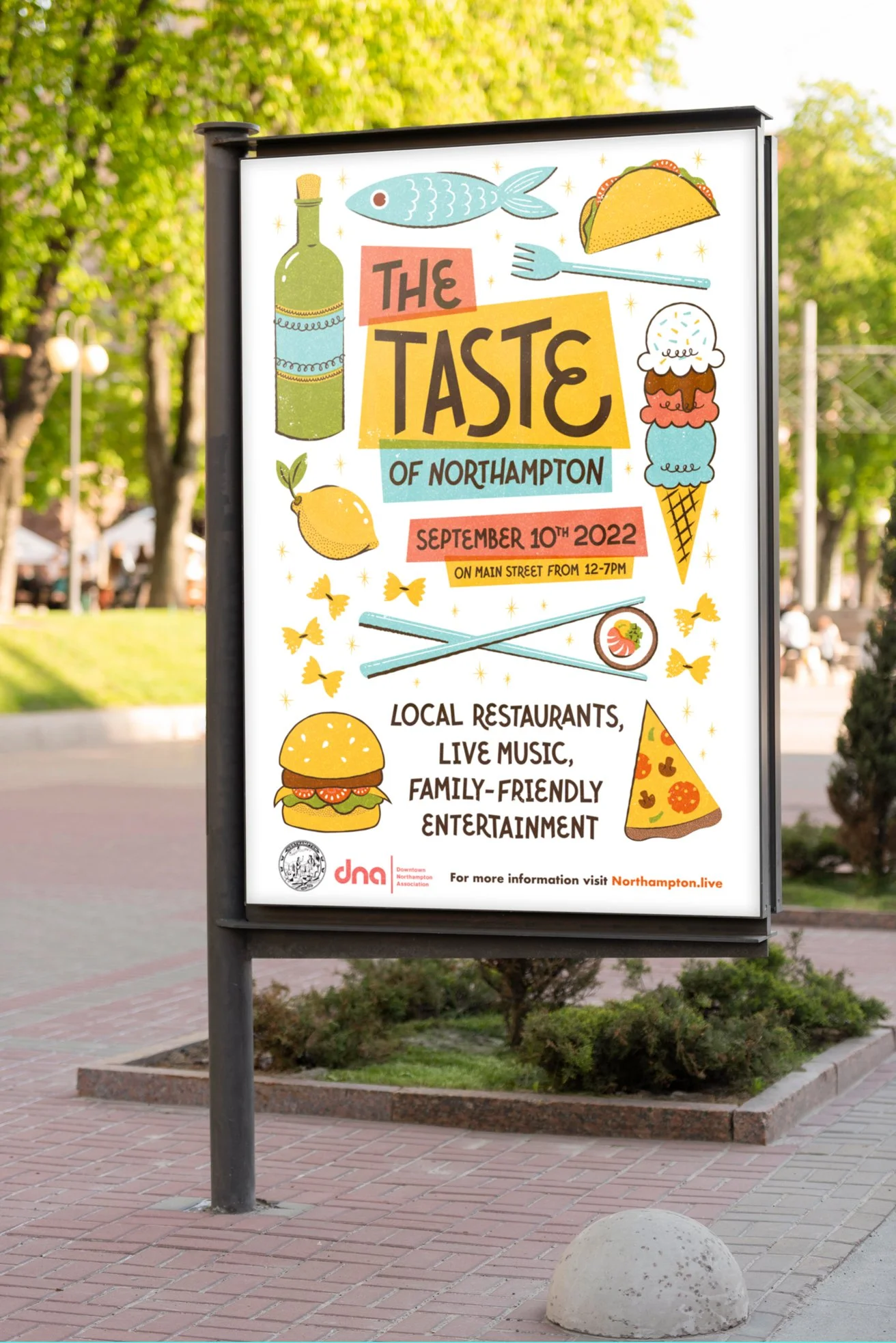 A mockup of a bus stop advertisement promoting the Taste of Northampton event, featuring illustrations of a variety of foods.