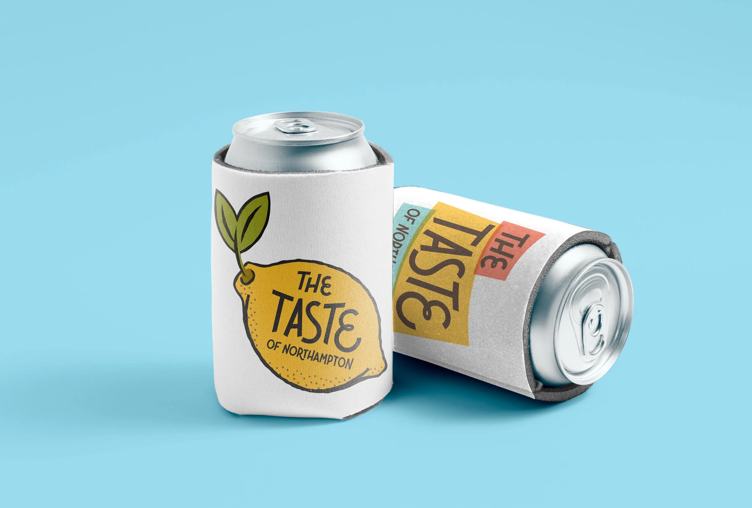 A mockup of a drink koozie featuring the Taste of Northampton logo and an illustration of a lemon.