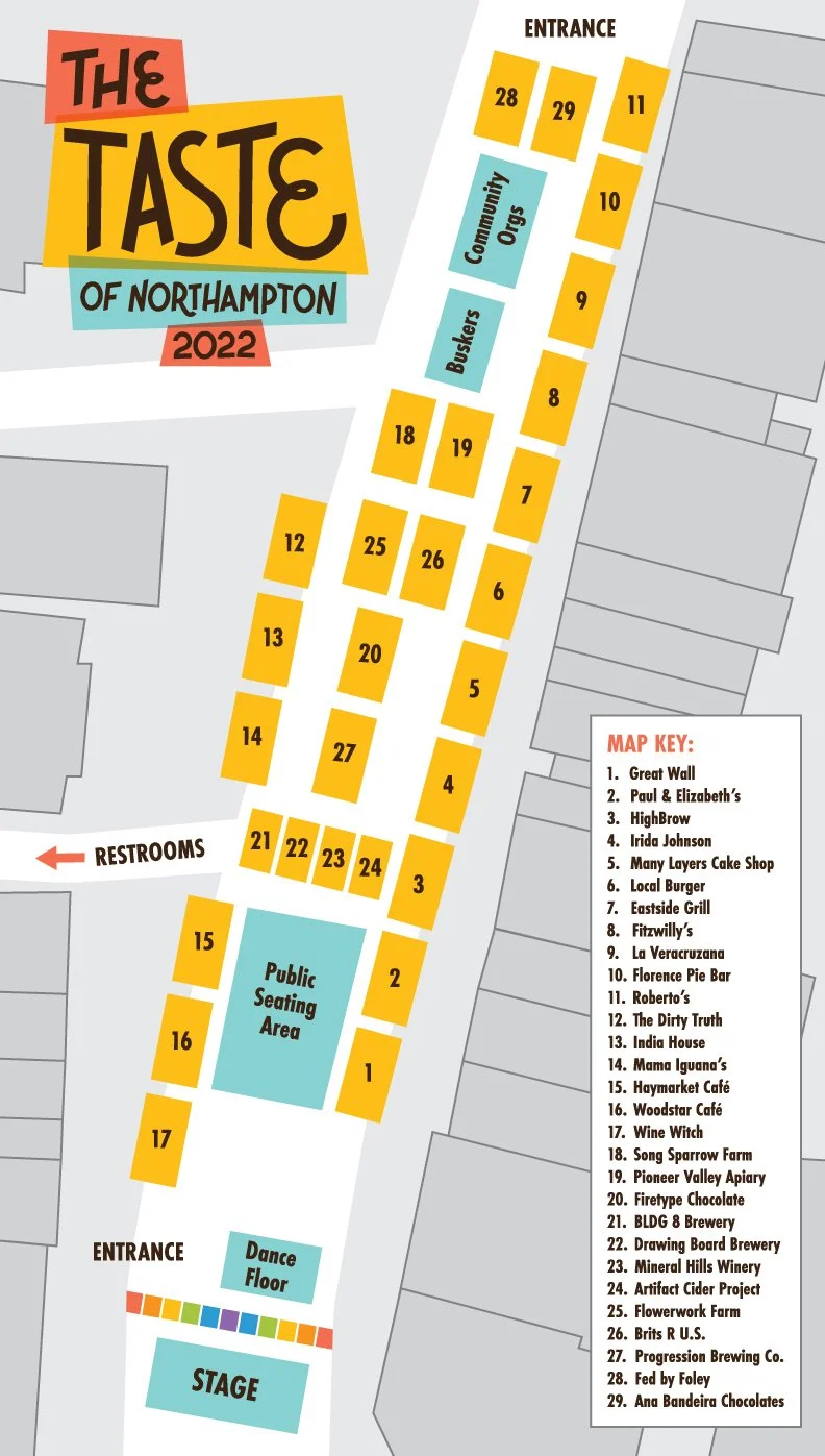 A map graphic showing the layout of every restaurant booth at the Taste of Northampton.