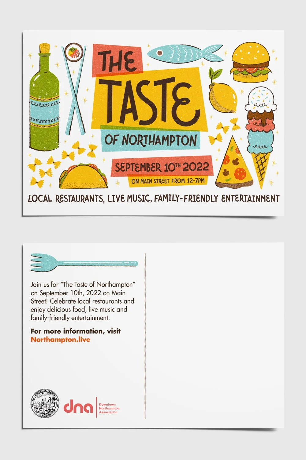 A mockup of the front and back side of a postcard promoting the Taste of Northampton, featuring a variety of food illustrations.