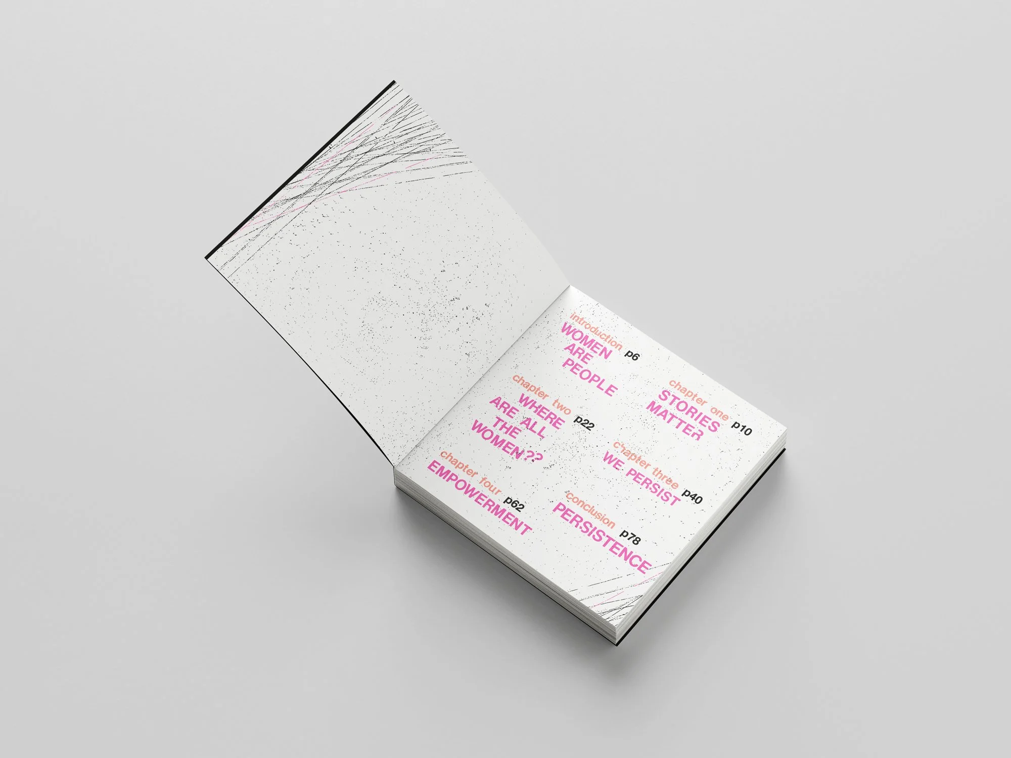 A mockup of a book spread featuring a table of contents.