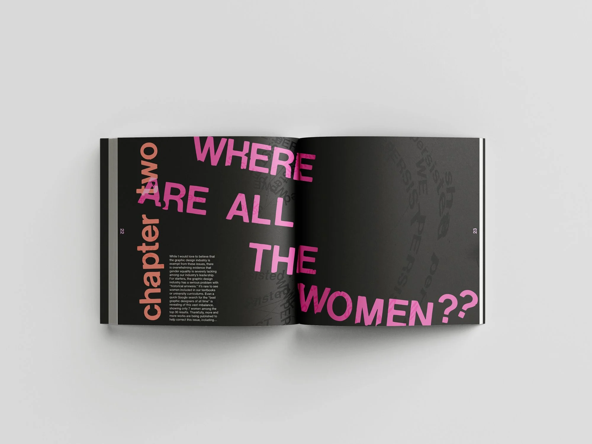 A mockup of a book spread that reads "Chapter Two: Where are all the women?"