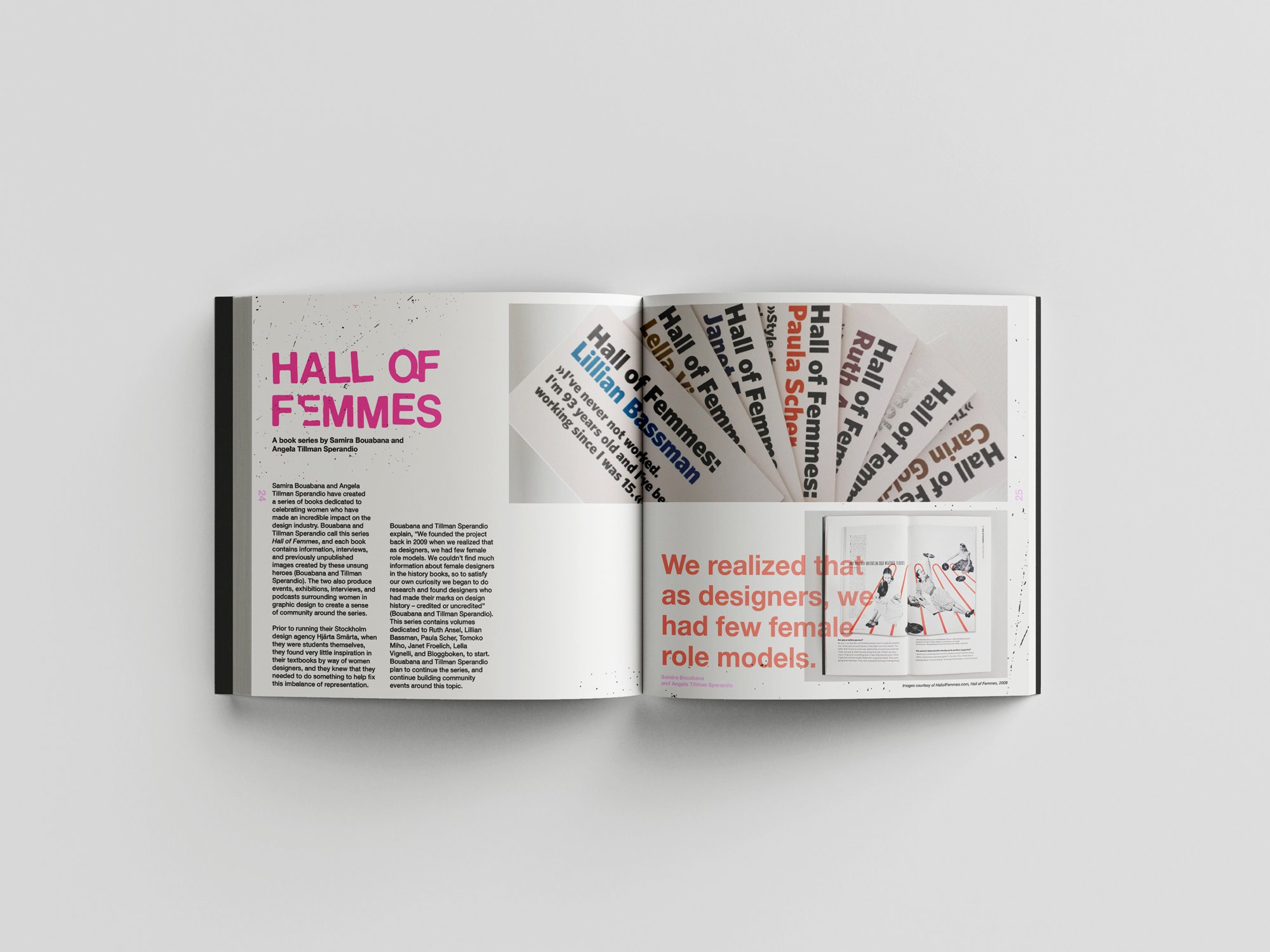 A mockup of a book spread that reads "Hall of Femmes."