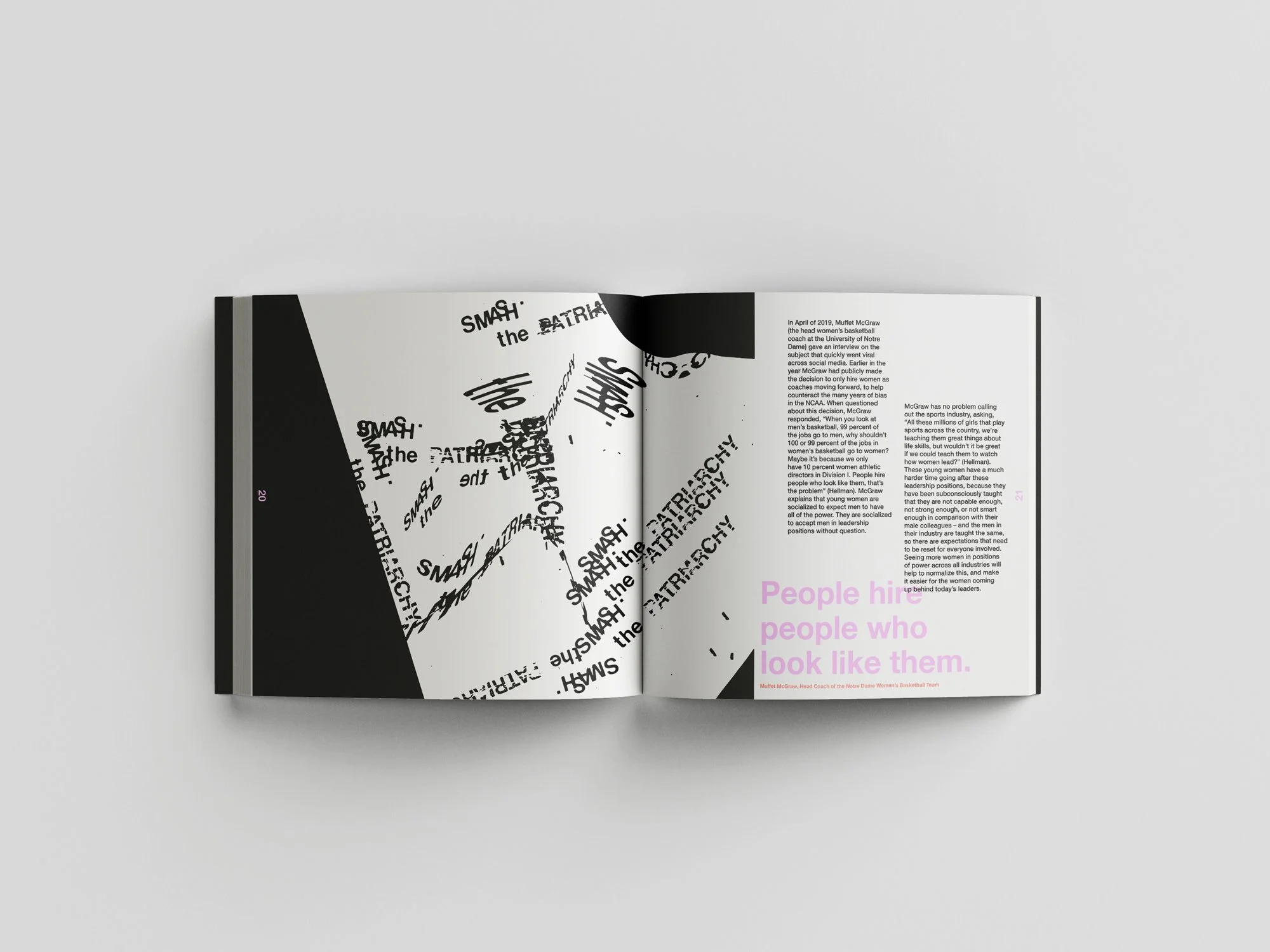 A mockup of a book spread that reads "People hire people who look like them."