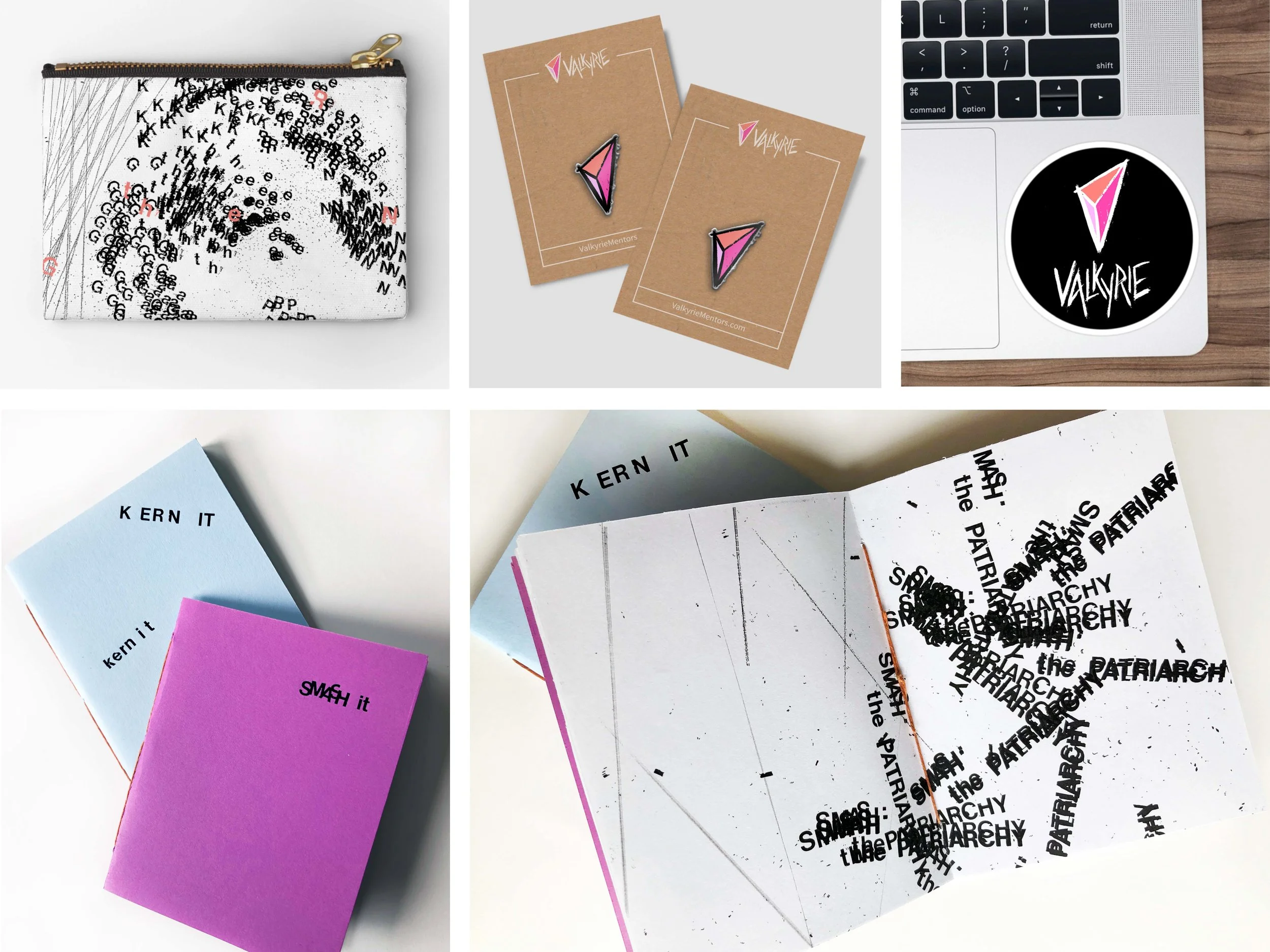 A collage of giveaway items for the Valkyrie mentorship program, including a pouch, enamel pin, sticker, and notebooks.