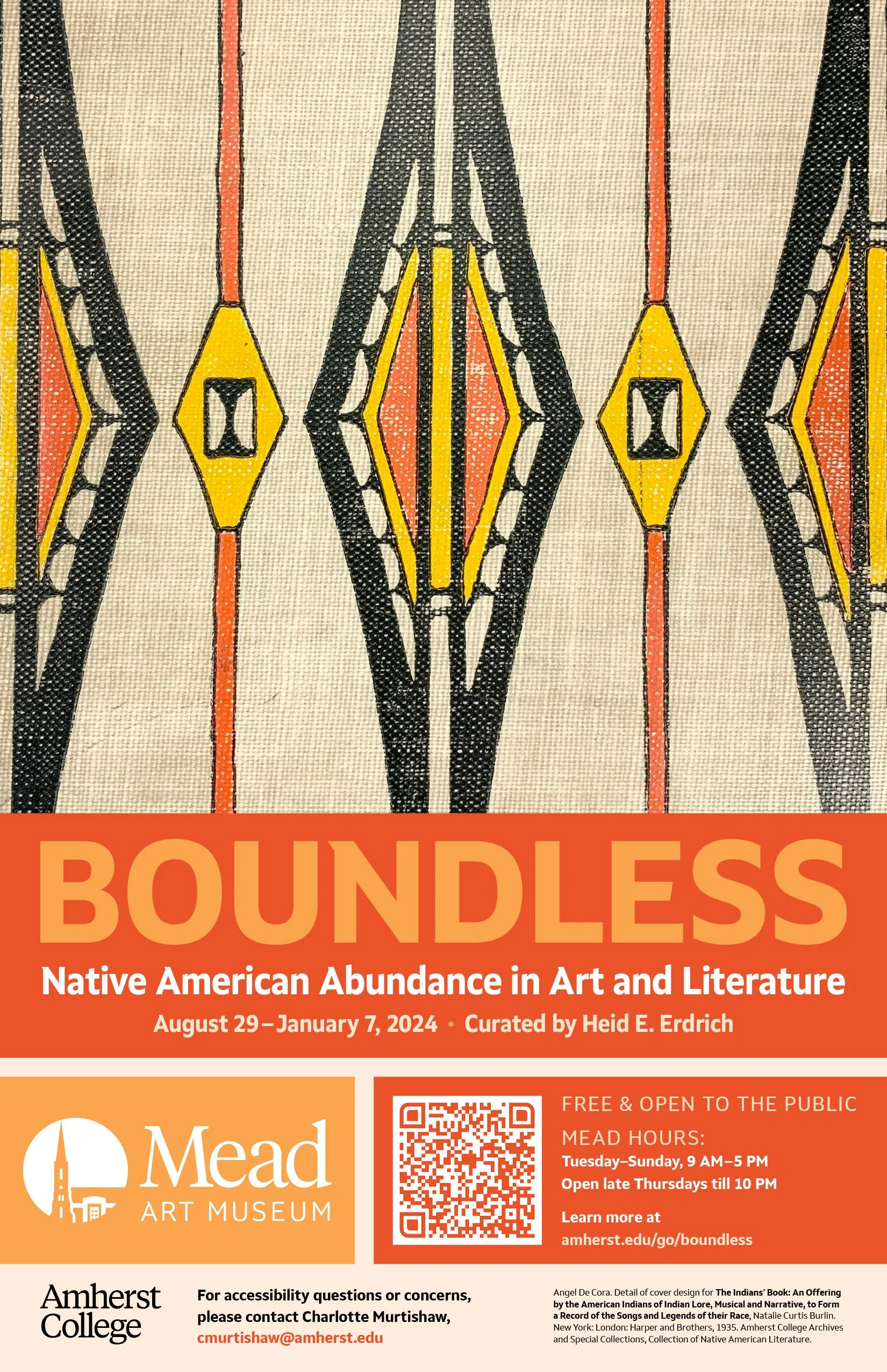 A poster promoting the "Boundless" exhibition at the Mead Art Museum, featuring Indigenous Artwork of woven textures.
