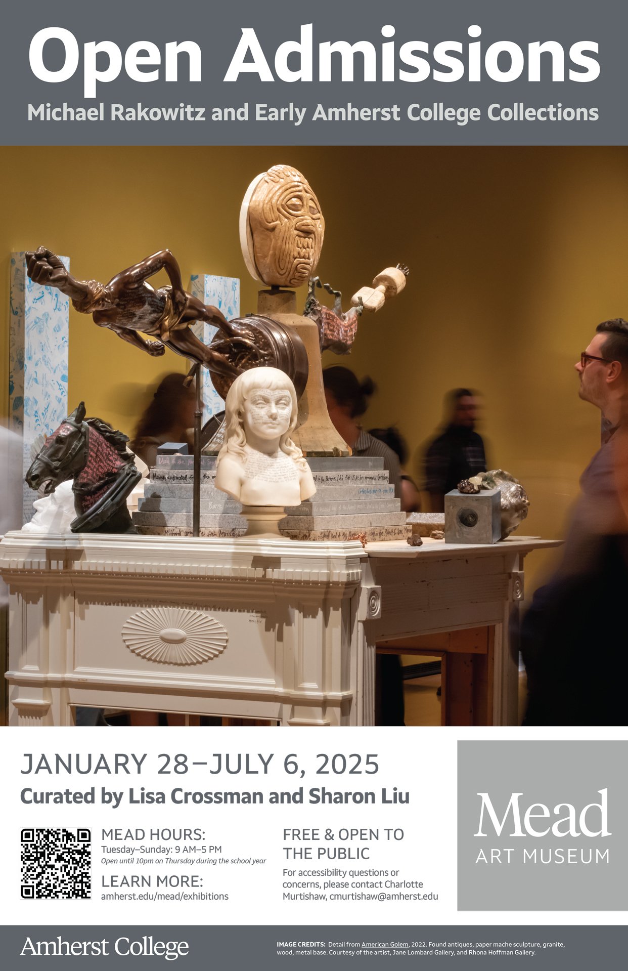 A poster promoting the "Open Admissions" Michael Rakowitz exhibition at the Mead Art Museum, featuring a photo of a sculptural installation.