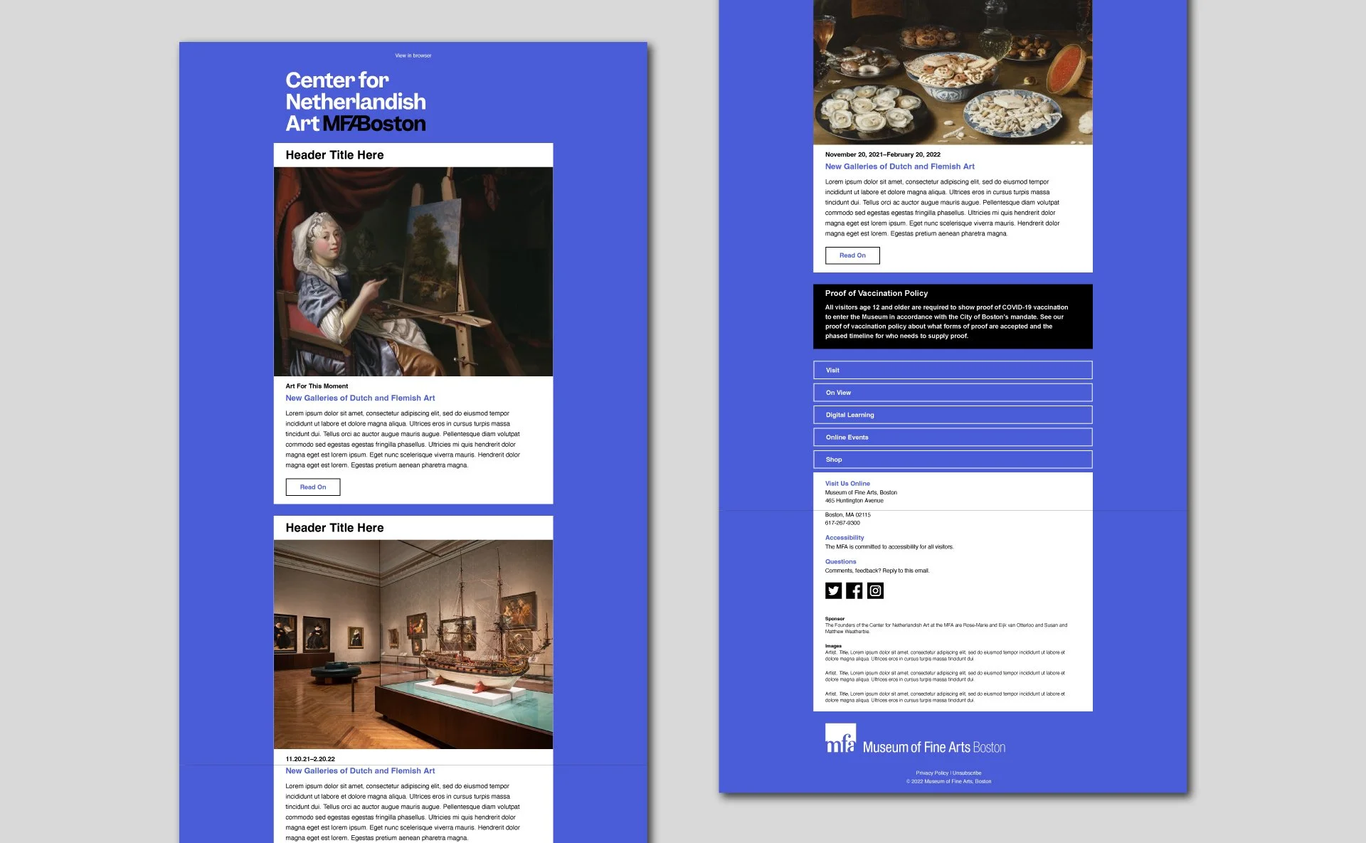 A mockup of an email template with photos of Dutch artwork, titled "Center for Netherlandish Art."