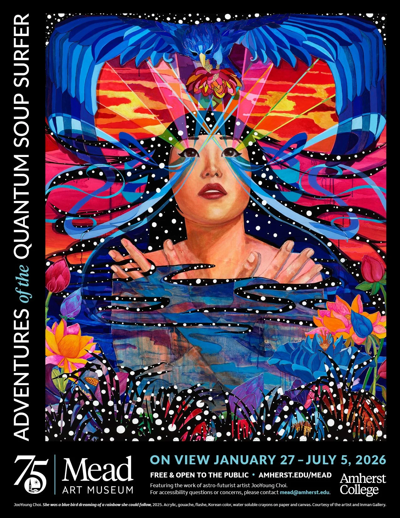 A poster promoting the "Adventures of the Quantum Soup Surfer" exhibition at the Mead Art Museum.