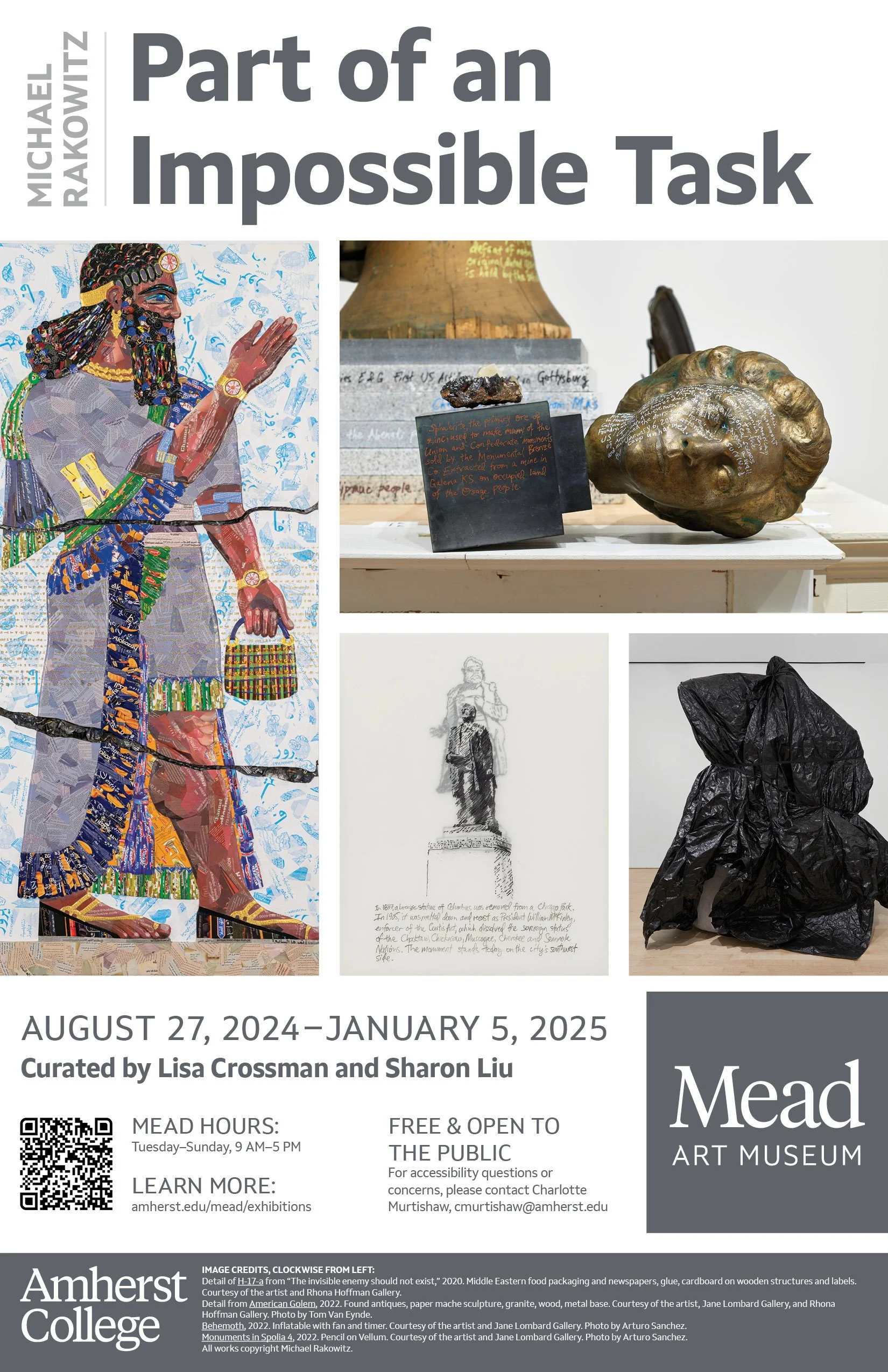 A poster promoting the "Michael Rakowitz: Part of an Impossible Task" exibition at the Mead Art Museum, featuring four photos of museum objects like a Syrian relief.