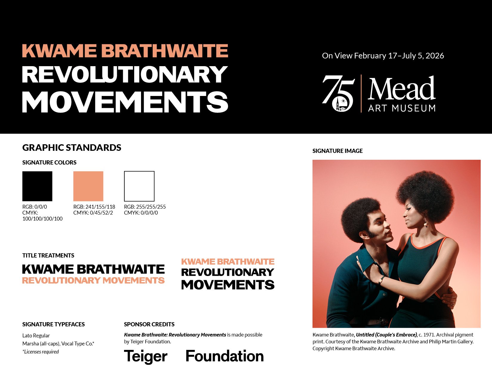 A visual identity style guide for the Kwame Brathwaite exhibition at the Mead Art Museum, featuring typefaces, color palette details and sponsorship credits.