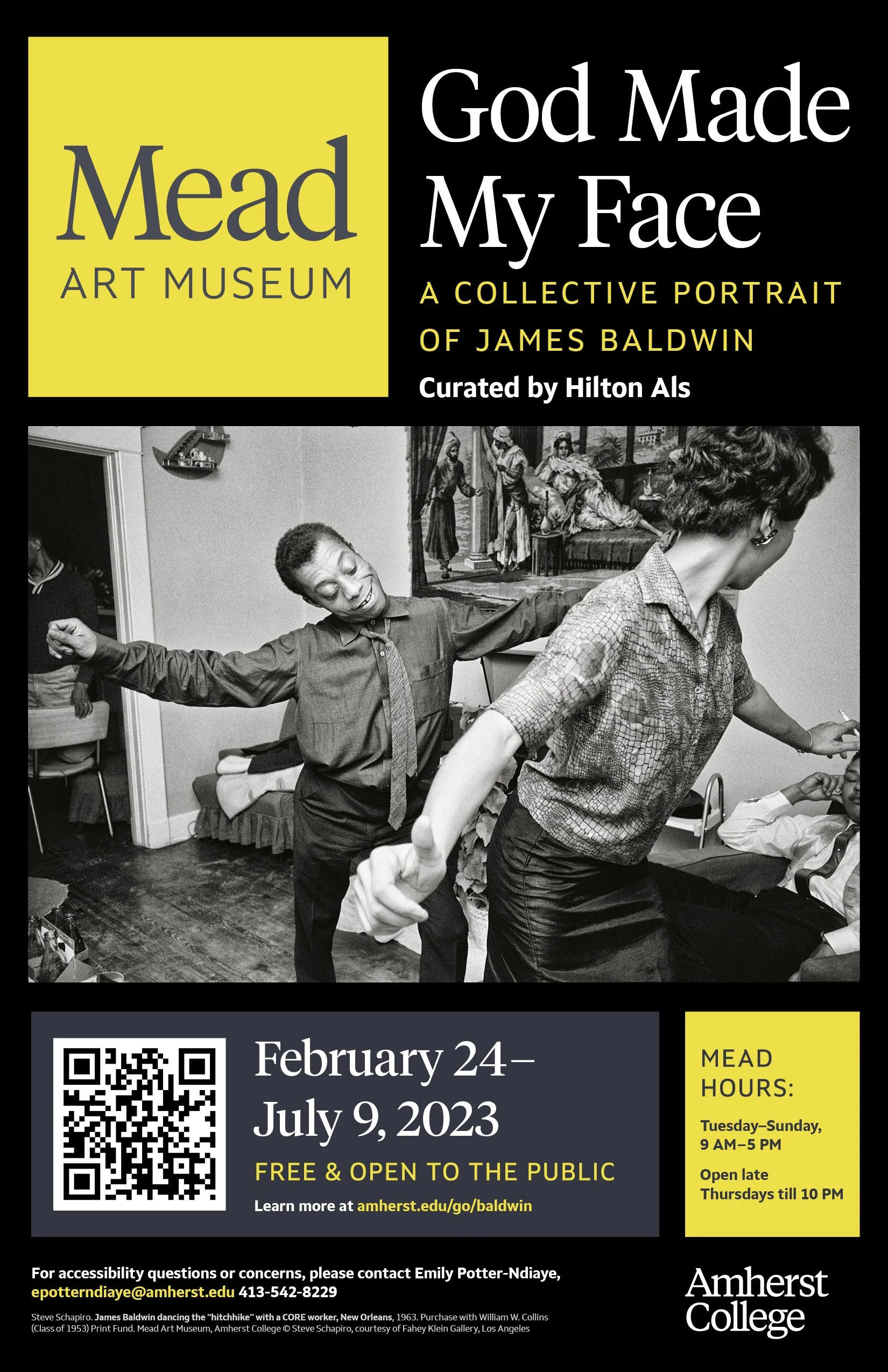 A poster promoting the James Baldwin art exhibition at the Mead Art Museum, titled "God Made My Face." A photo of James Baldwin dancing with a woman is featured in black and white.