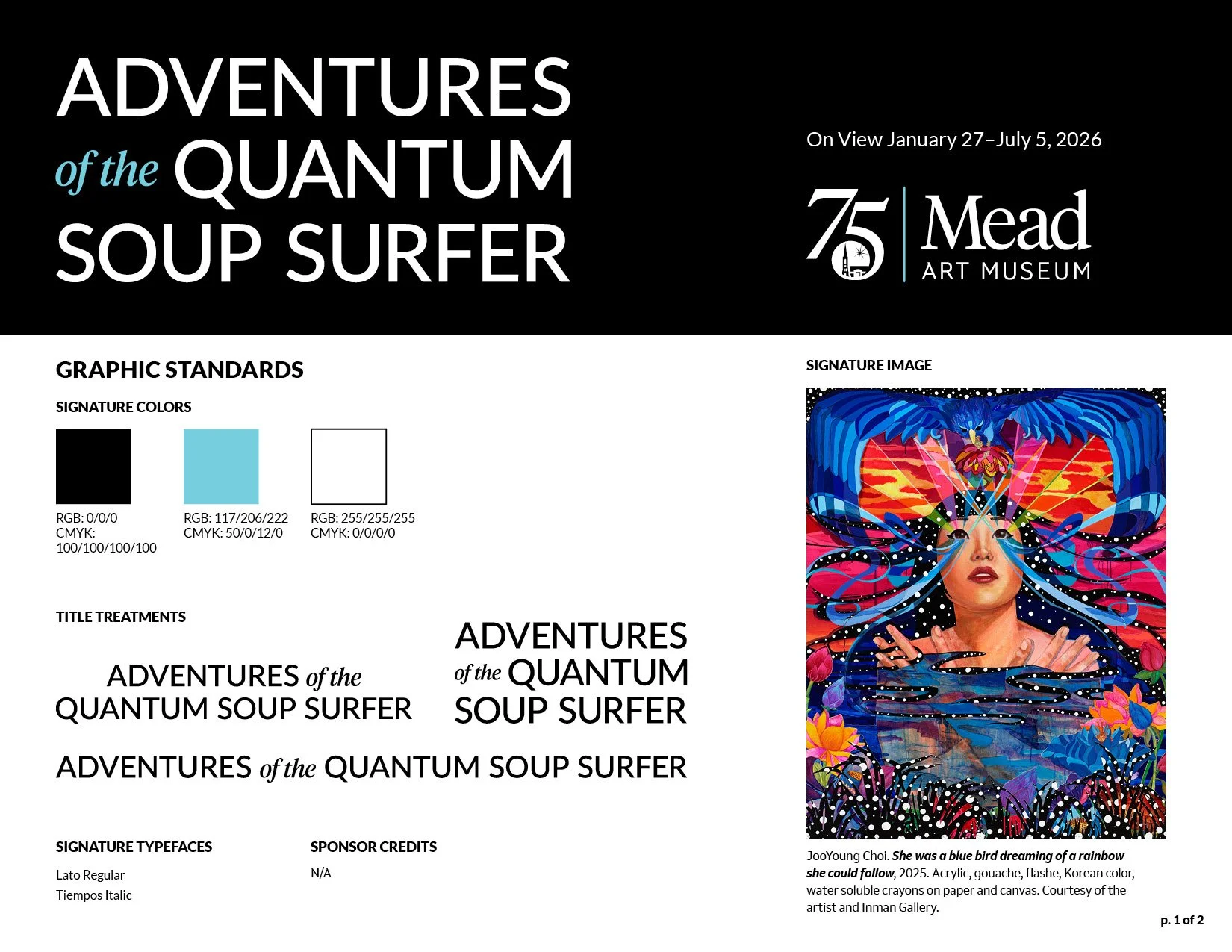 A visual identity style guide for the "Adventures of the Quantum Soup Surfer" exhibition at the Mead Art Museum, featuring typefaces, color palette details and sponsorship credits.