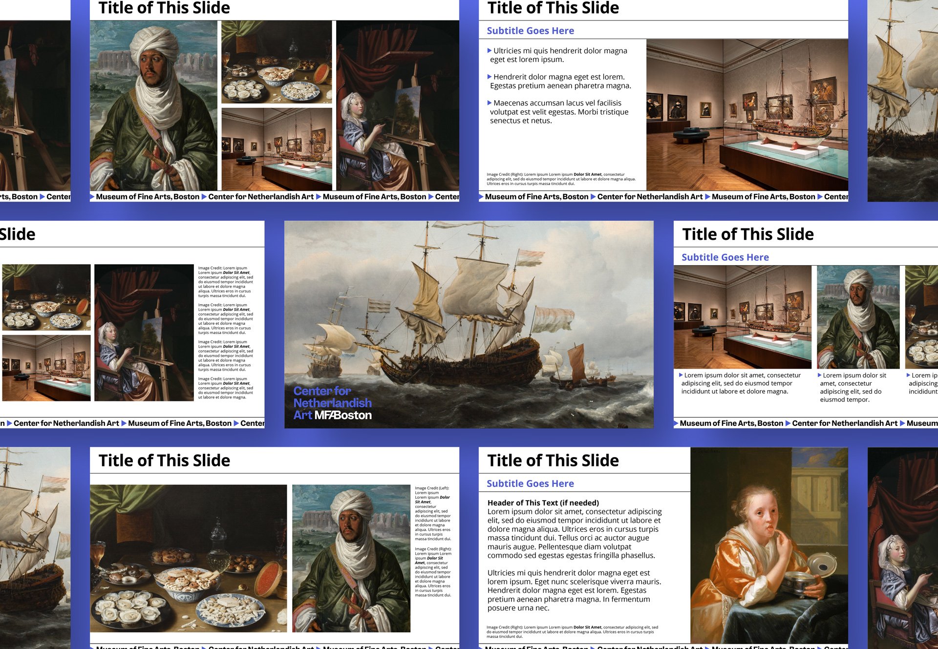 A mockup of a slide deck template featuring the Museum of Fine Arts, Boston's Netherlandish artwork.