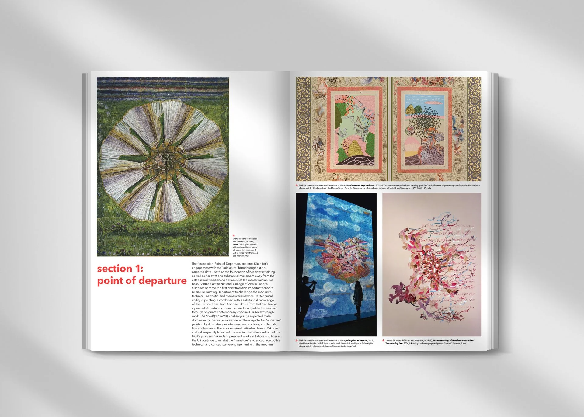 A mockup of a booklet featuring artwork by Shahzia Sikander. The chapter title reads "Section 1: Point of Departure."